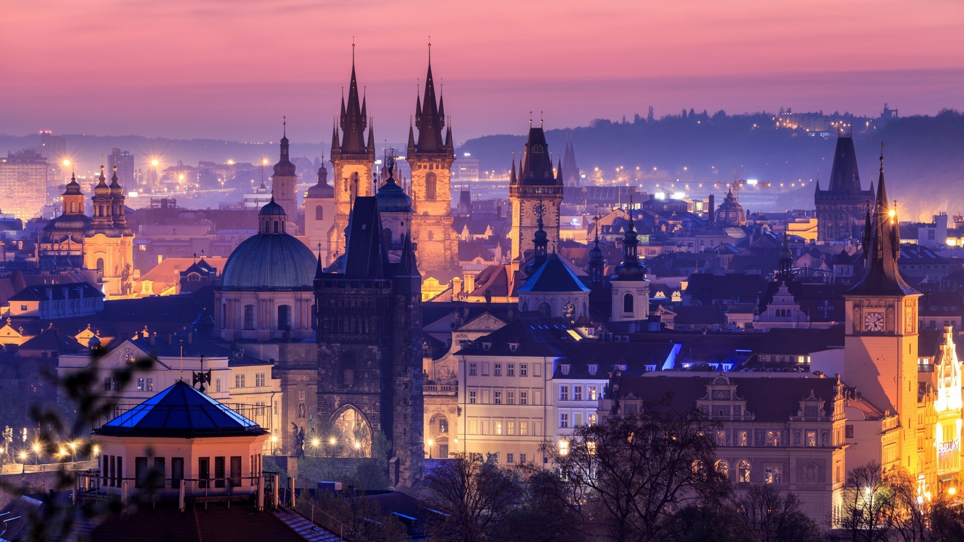 General 1920x1080 architecture building evening Czech Republic Prague cathedral church tower sunset lights old building ancient city cityscape Church of Our Lady before Týn
