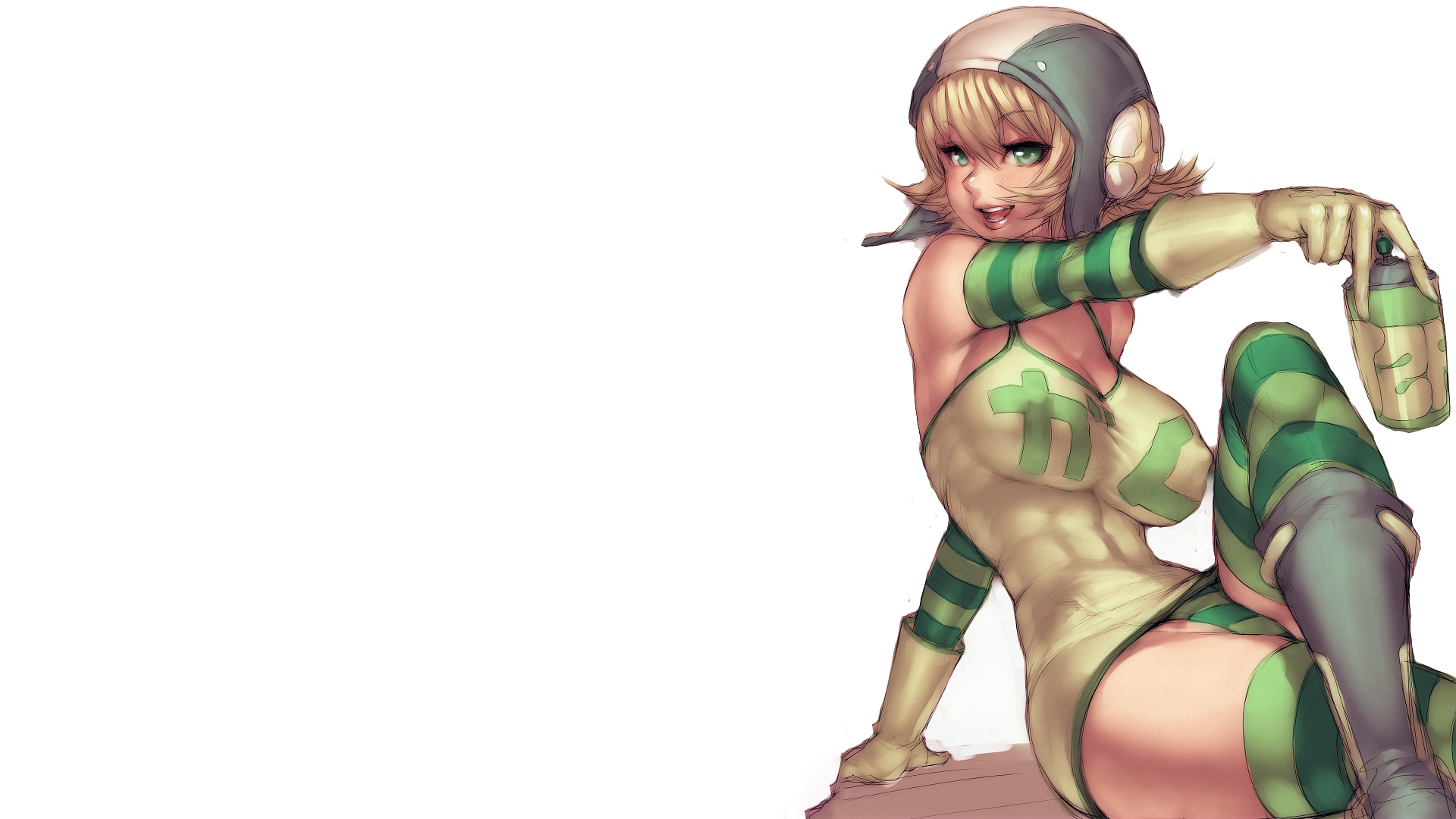 Anime 1920x1080 jet set radio video games gloves white background simple background blonde hair between eyes sitting elbow gloves big boobs open mouth smiling looking at viewer hat spray can minimalism bent legs short hair