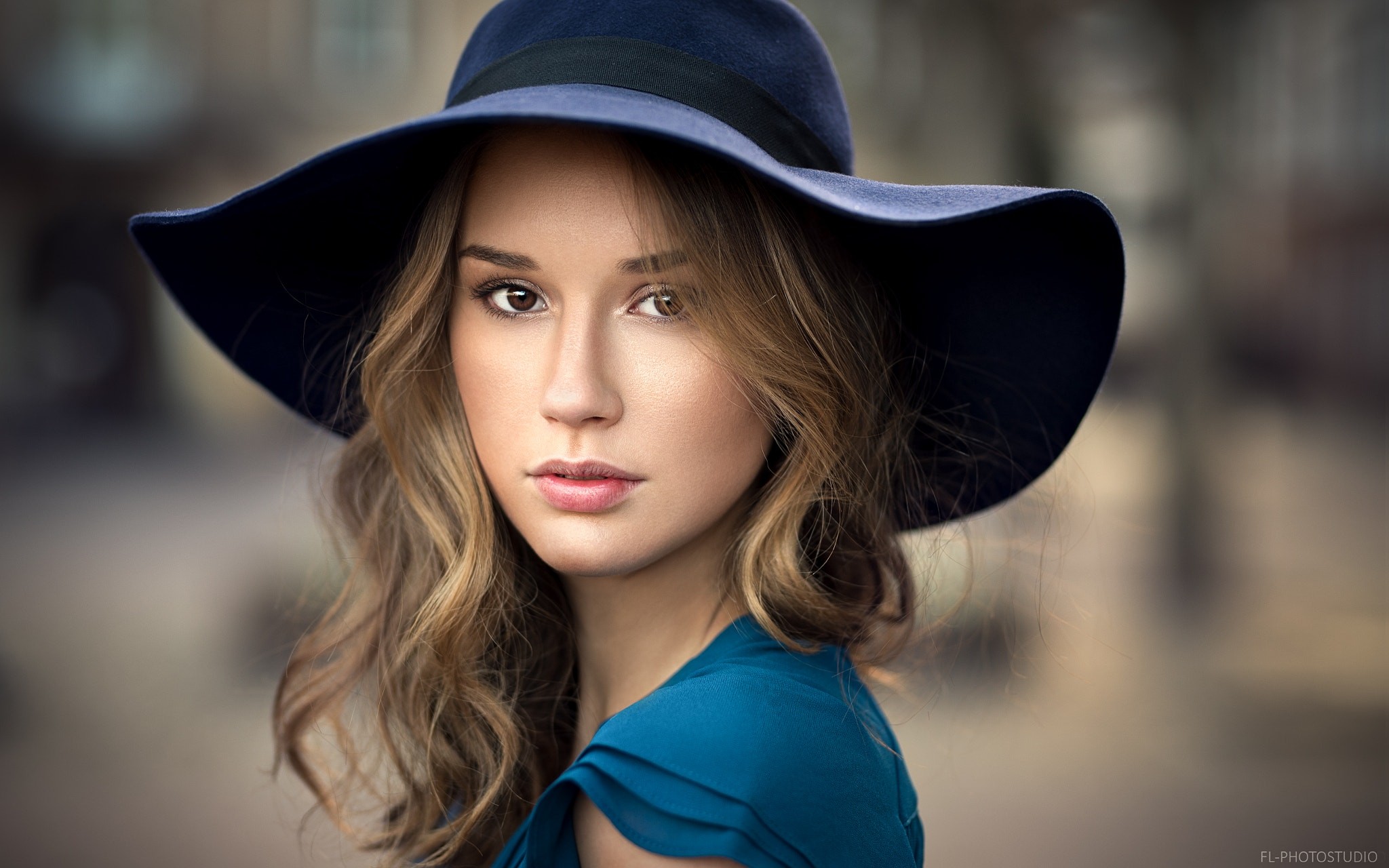 People 2048x1280 Lods Franck women model looking at viewer long hair wavy hair blonde face hat depth of field millinery brown eyes Claire Godard women with hats