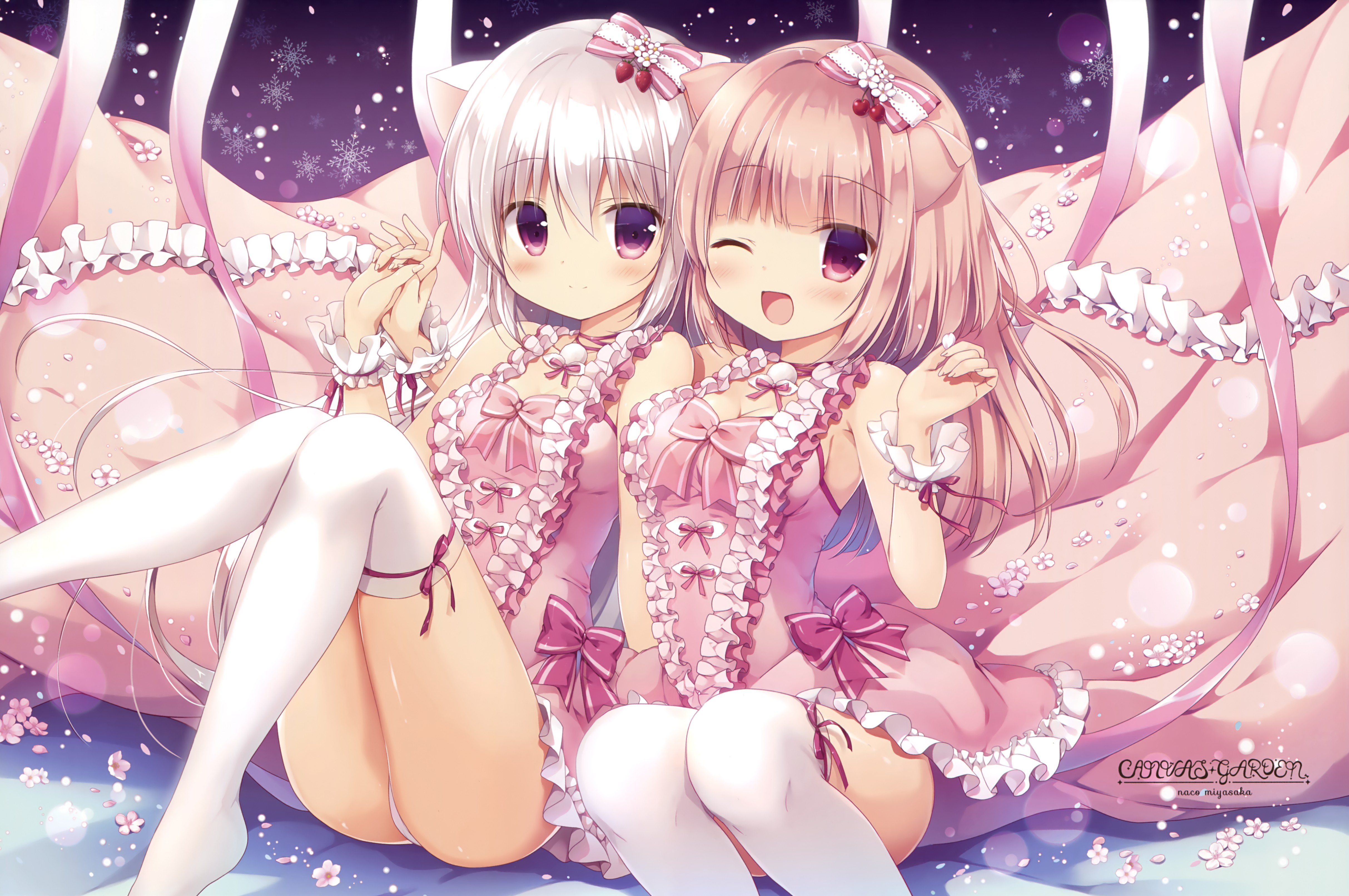 Anime 4853x3226 pink dress white hair pink ribbon frill dress white socks cat ears thigh-highs anime anime girls purple eyes