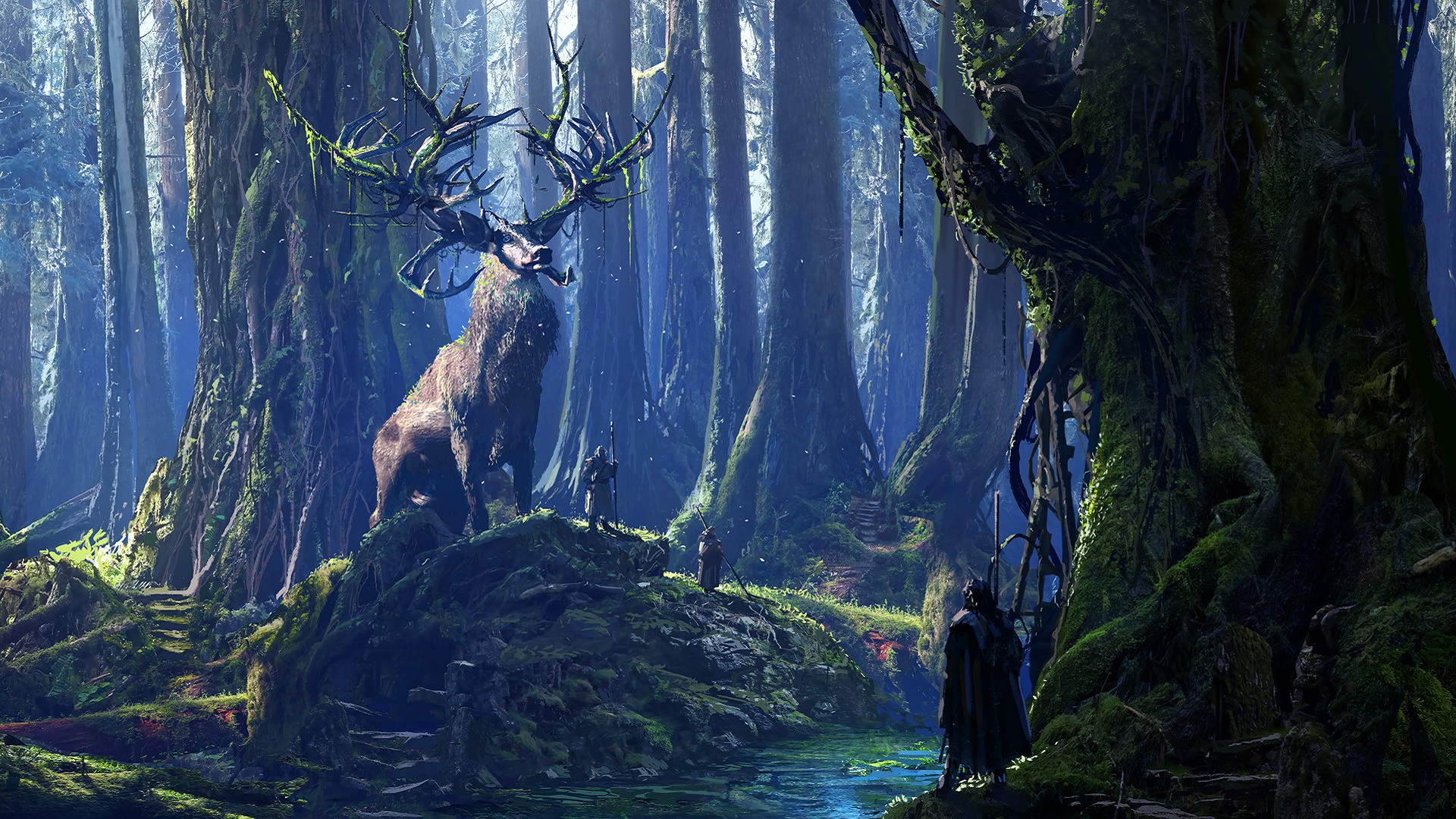 General 1920x1080 druids stags river forest moss fantasy art digital art