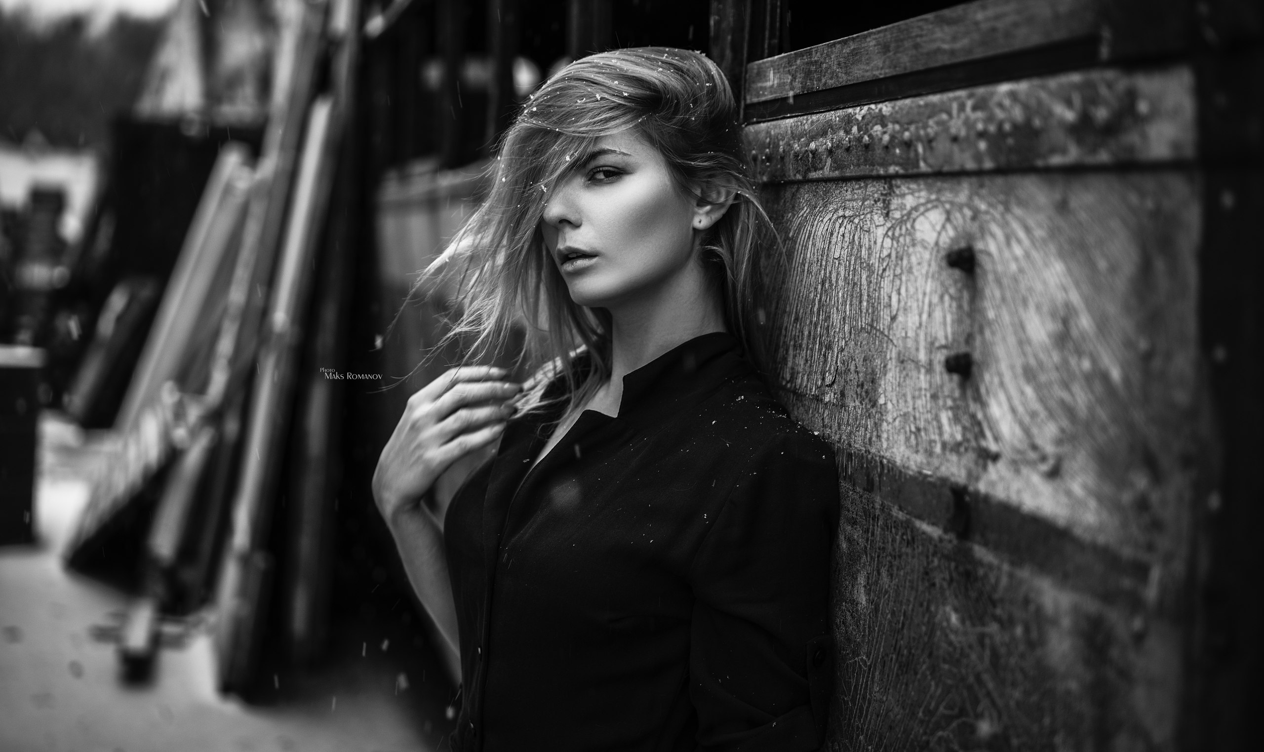 People 2560x1523 women Maxim Romanov portrait depth of field monochrome hair in face open mouth black shirt women outdoors Anastasia