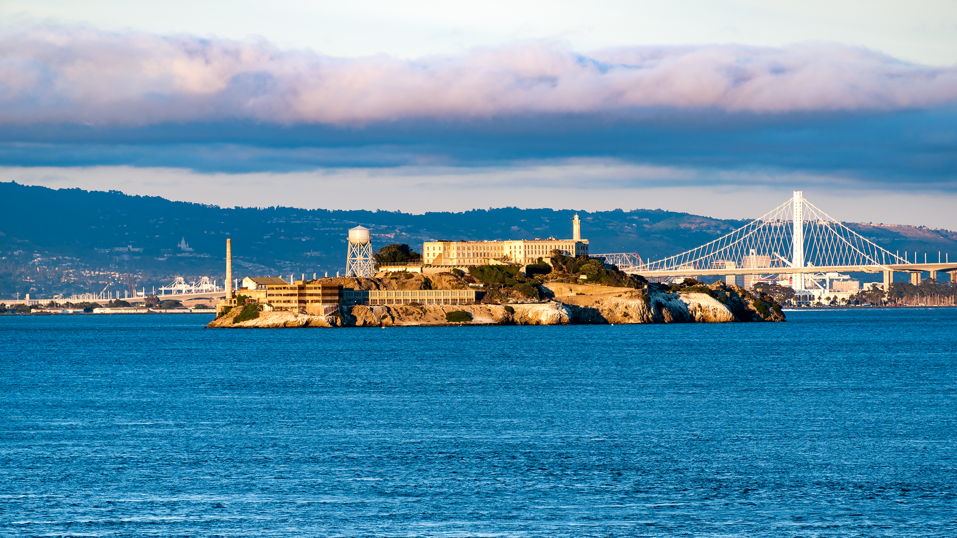 General 1920x1080 architecture bridge water sea island Alcatraz San Francisco USA monastery prison cityscape clouds rocks hills Oakland Bay Bridge