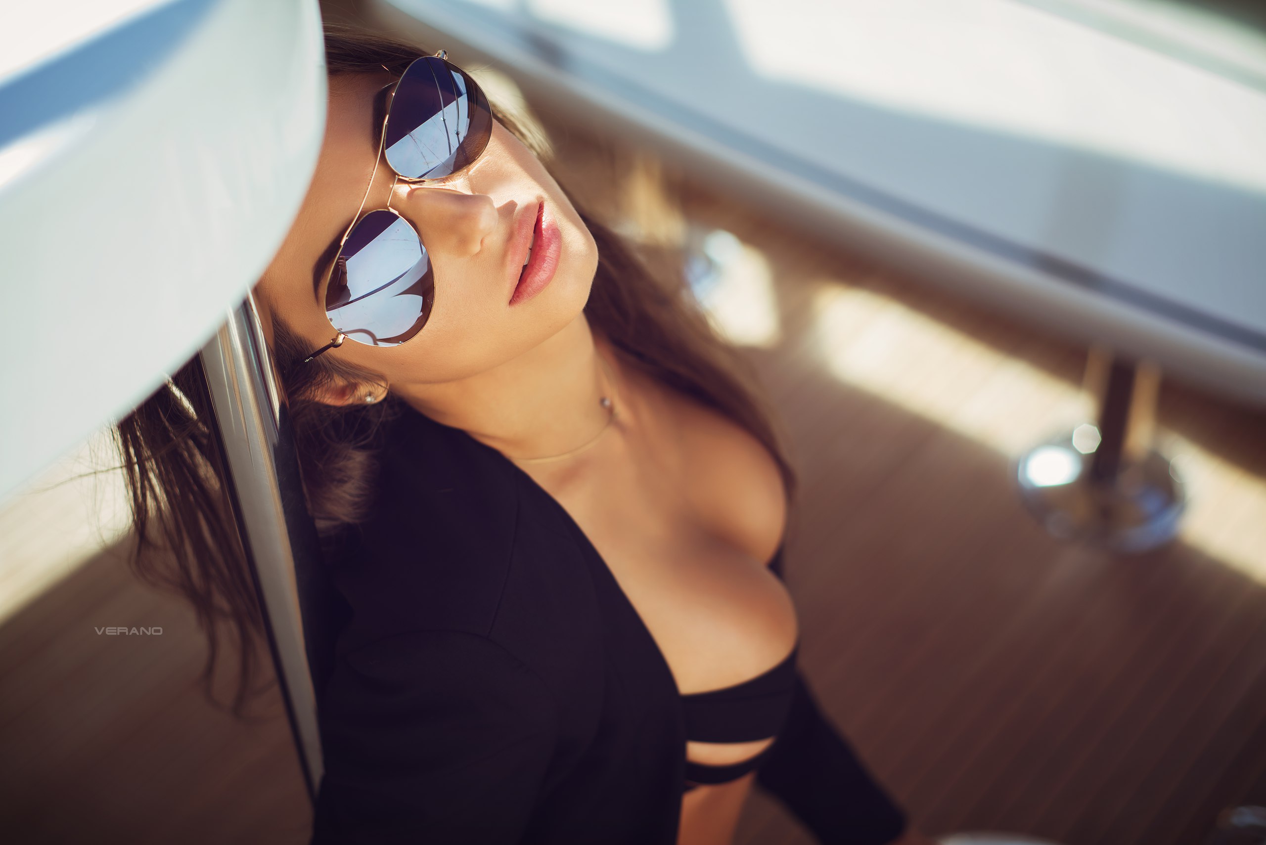 People 2560x1709 women with shades women model Nikolas Verano yacht Daria Shy vest black bikinis cleavage sunglasses black jackets watermarked