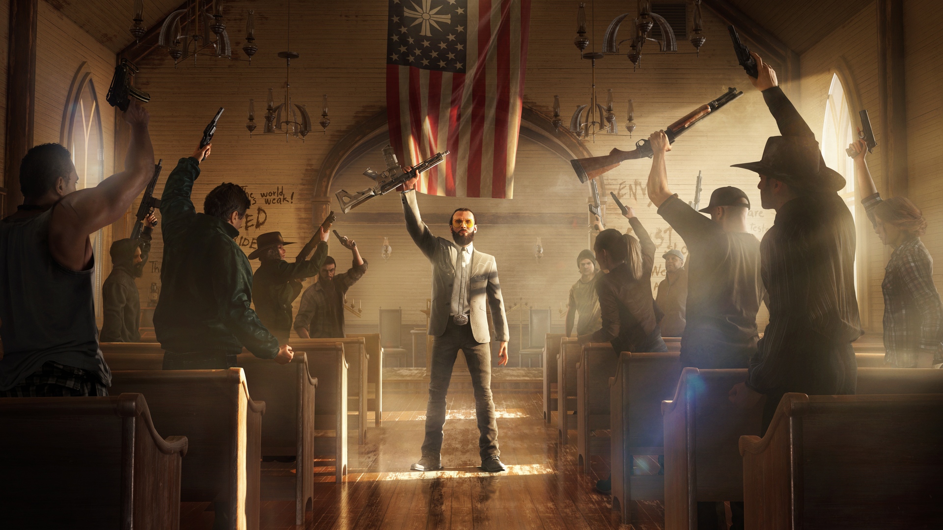 General 1920x1080 video games Far Cry 5 church religion USA gun Far Cry flag Ubisoft 2018 (year) Video Game Villains frontal view centered