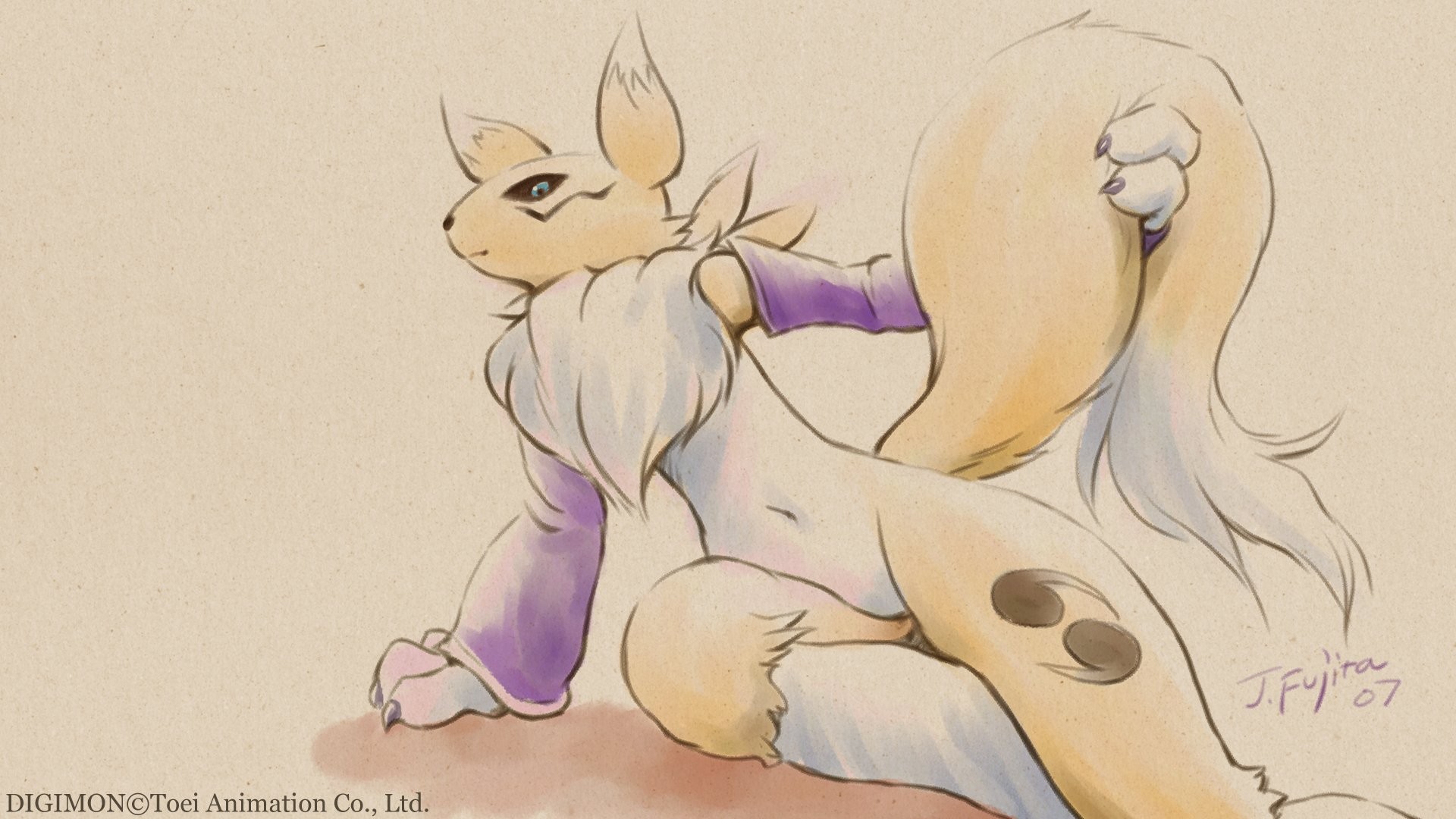 Anime 1920x1080 Renamon Digimon anime watermarked simple background furry signature 2007 (Year) minimalism tail claws