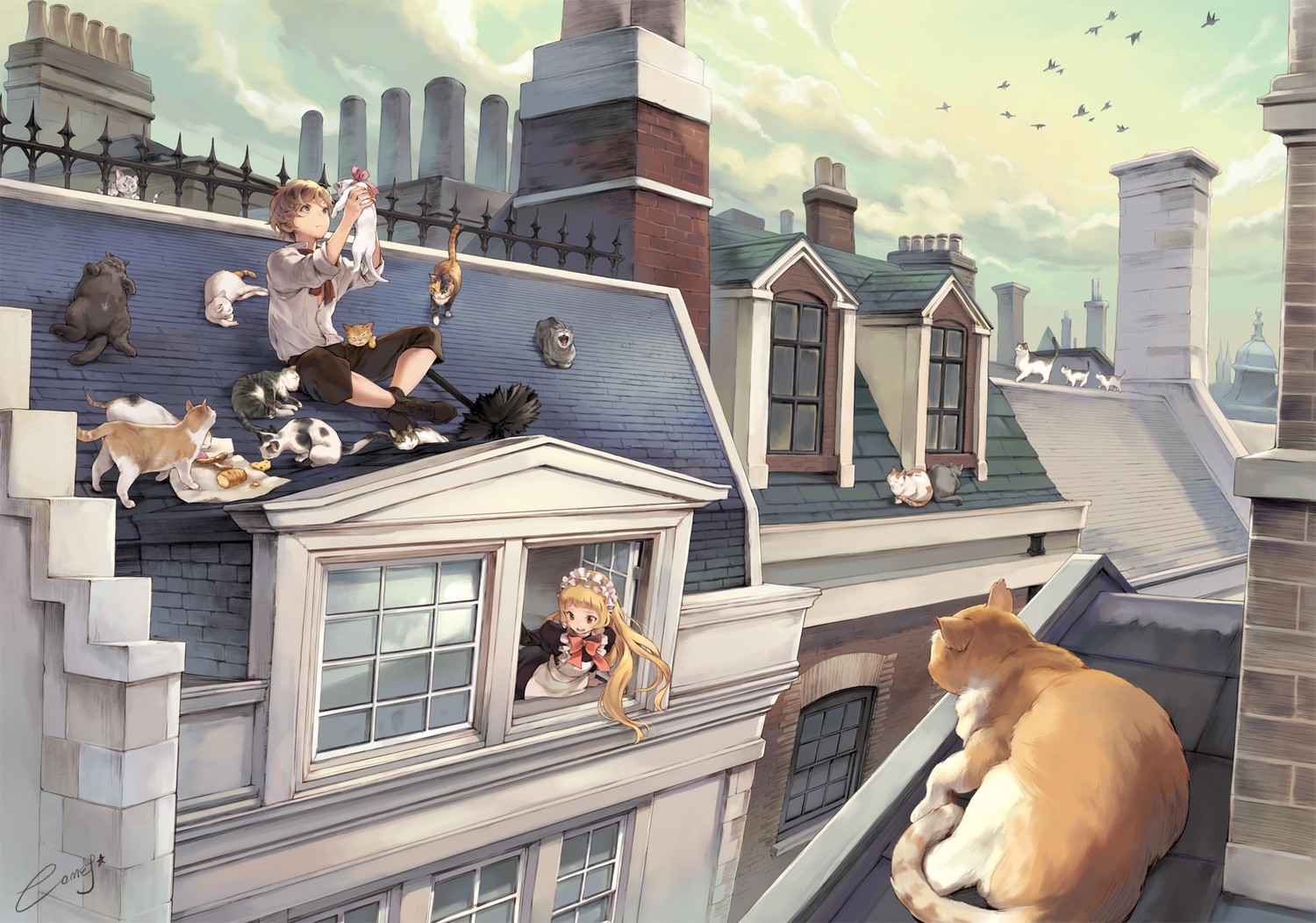 Anime 1500x1052 anime cats rooftops anime girls city urban anime boys animals mammals