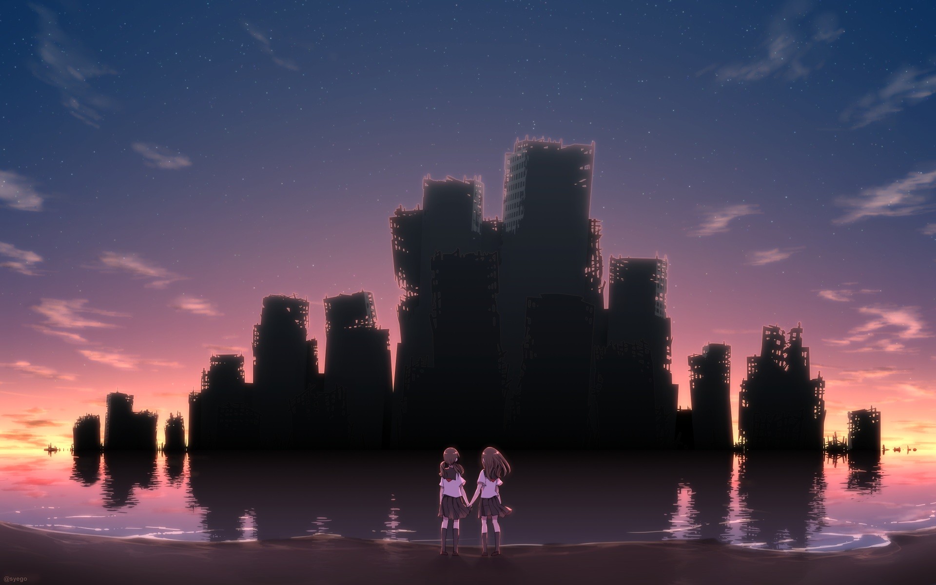 Anime 1920x1200 sky stars sunset ruins beach building holding hands lesbians two women women outdoors anime anime girls Pixiv