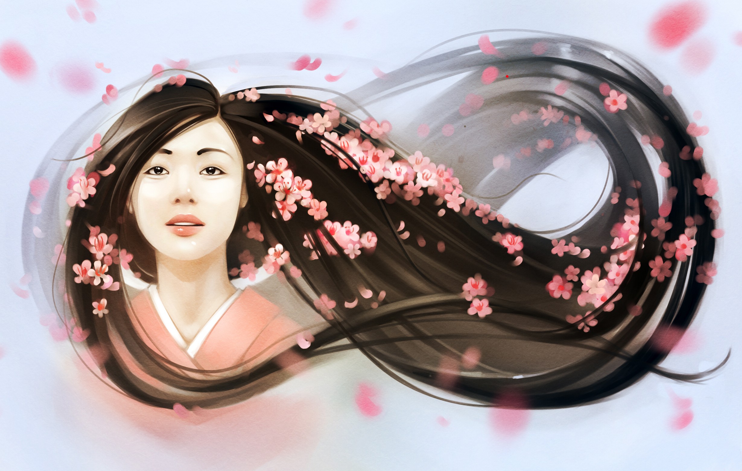 General 2460x1563 Asian women flowers artwork cherry blossom kimono face portrait long hair flower in hair