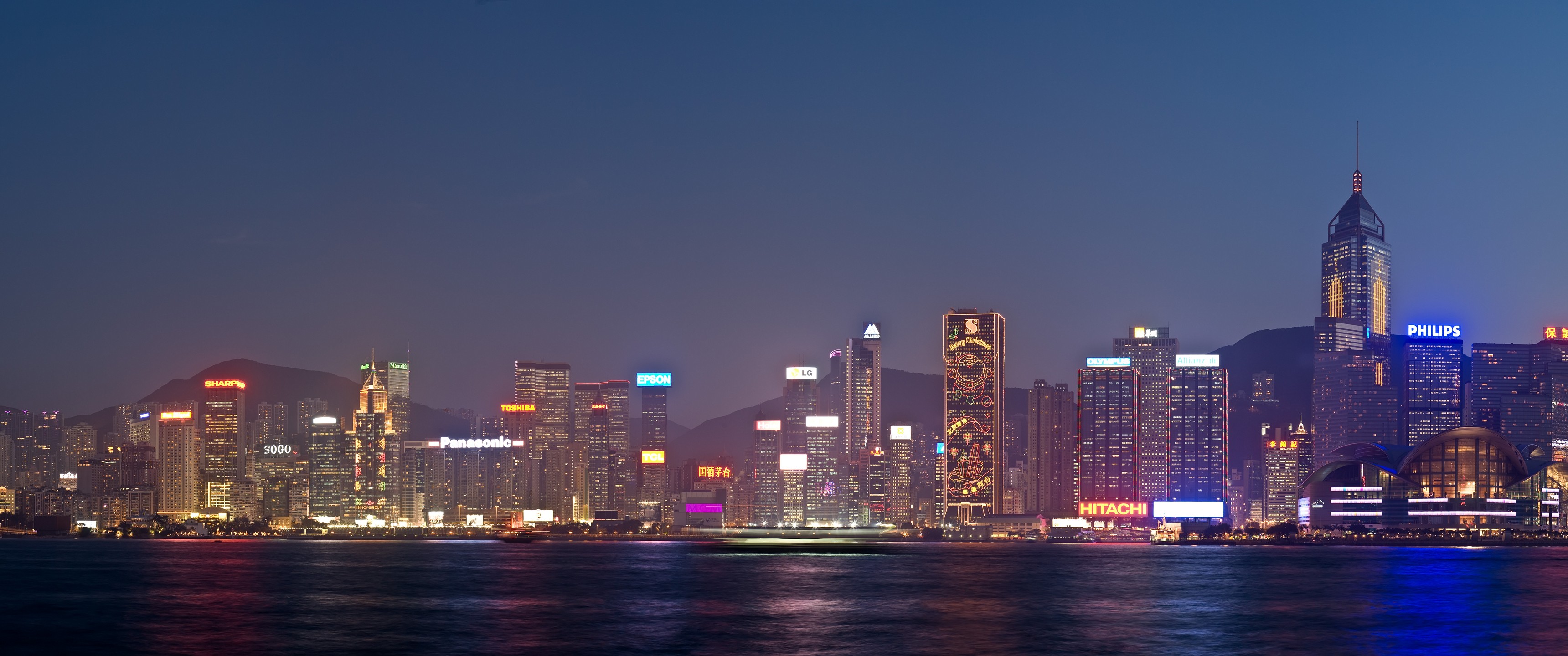 General 3440x1440 water city neon sky Hong Kong skyline China Asia city lights