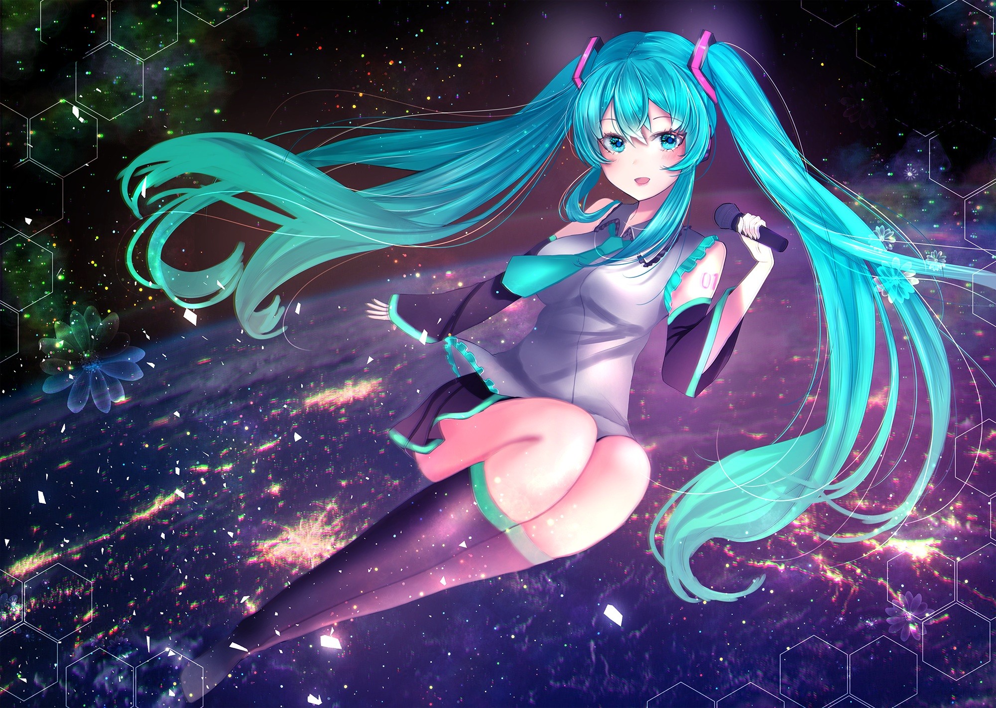 Anime 2000x1422 Vocaloid Hatsune Miku space Earth anime anime girls women cyan hair twintails long hair legs legs together open mouth microphone stockings tie looking at viewer aqua eyes