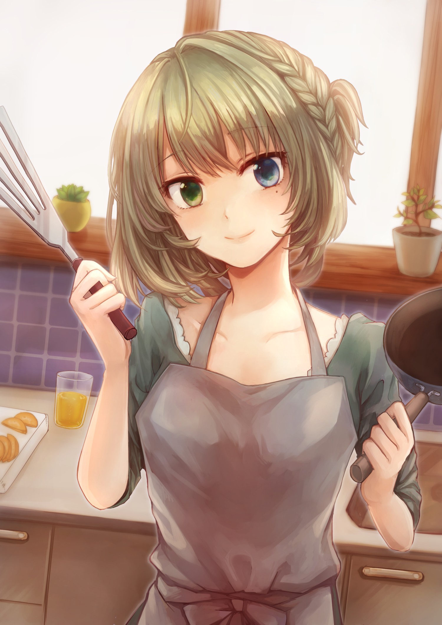 Anime 1500x2121 anime anime girls THE iDOLM@STER THE iDOLM@STER: Cinderella Girls Takagaki Kaede heterochromia cooking Pans (Tool) smiling women indoors indoors kitchen looking at viewer Pixiv