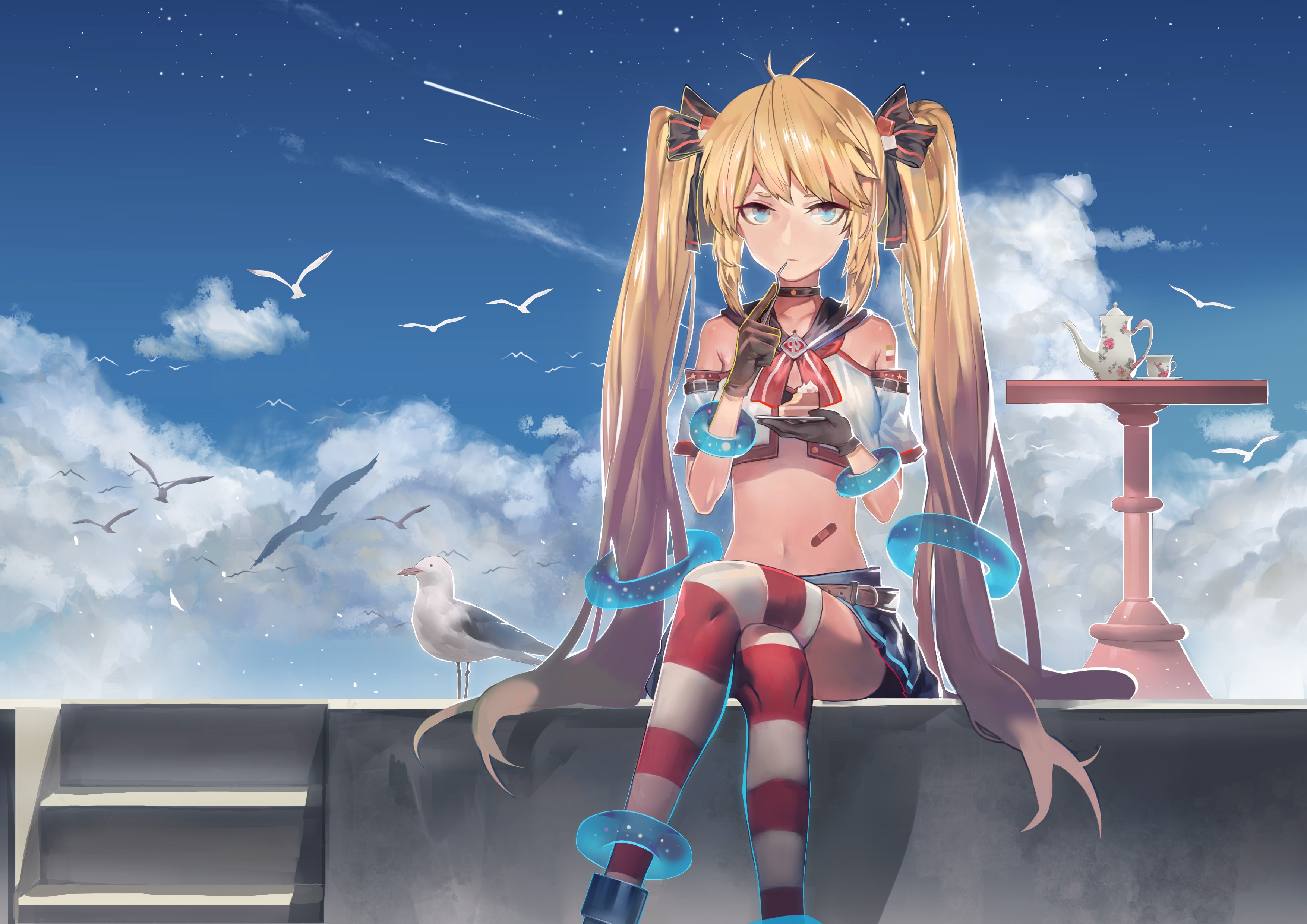 Anime 3507x2480 anime anime girls Zhanjian Shaonu birds clouds gloves long hair blonde twintails thigh-highs legs crossed striped stockings stockings Pixiv food sitting sky