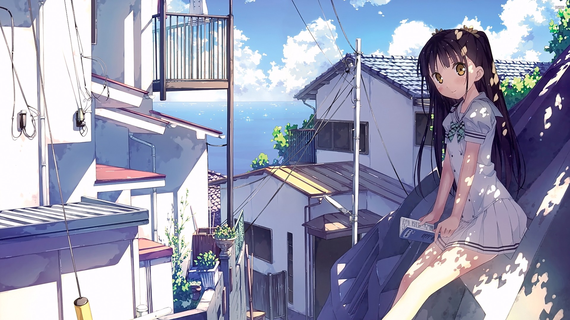 Anime 1920x1080 outdoors urban anime anime girls long hair skirt looking at viewer