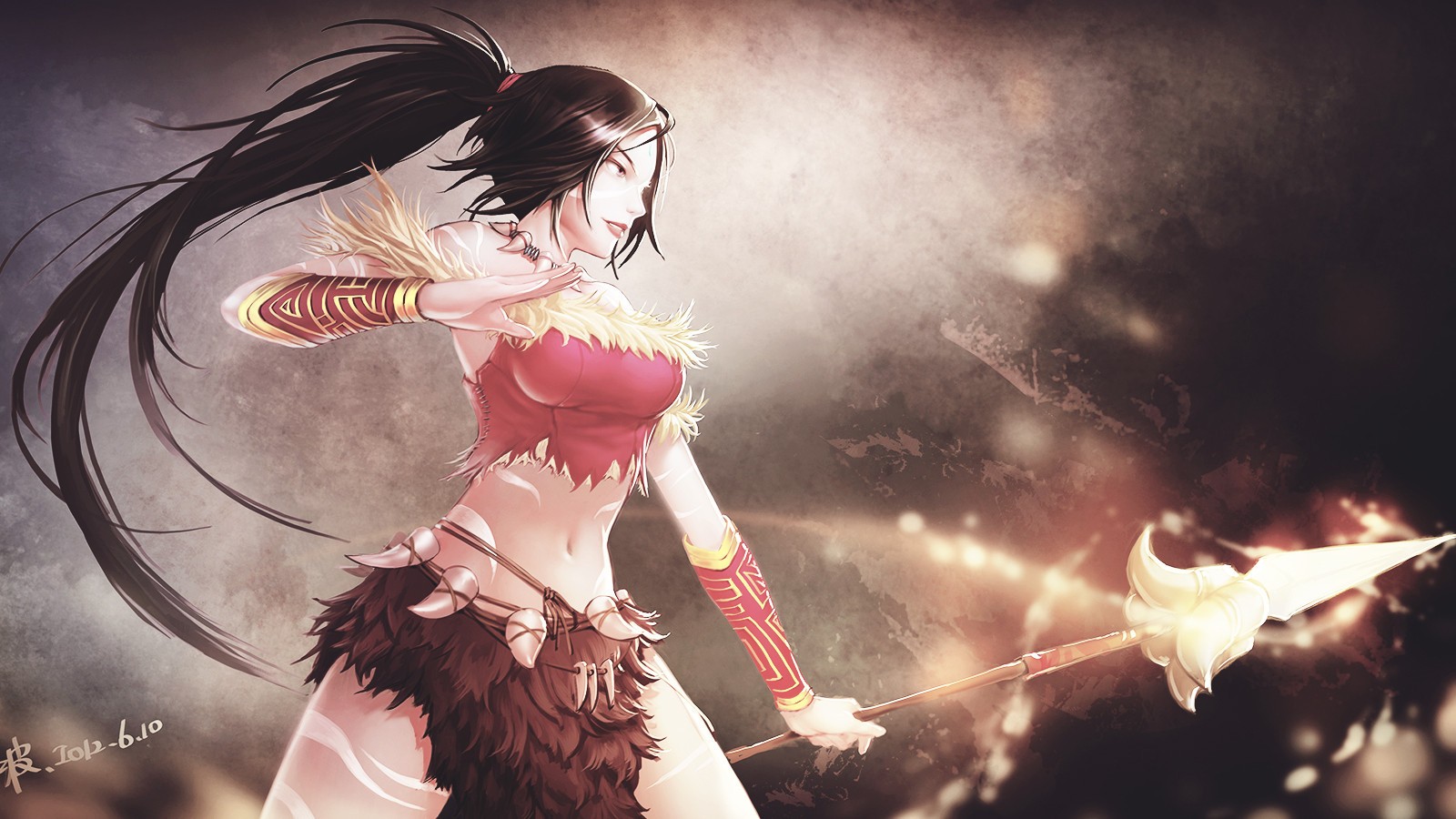 Anime 1600x900 anime anime girls video games League of Legends Nidalee (League of Legends) brunette spear PC gaming video game girls fan art video game characters belly watermarked