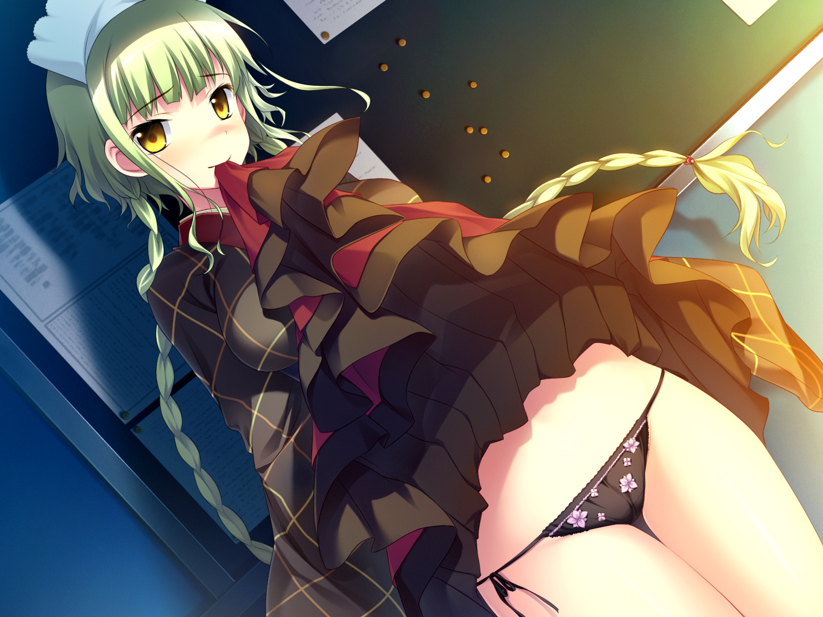 Anime 1600x1200 Worlds and World's end panties green hair yellow eyes lifting dress Amakura standing