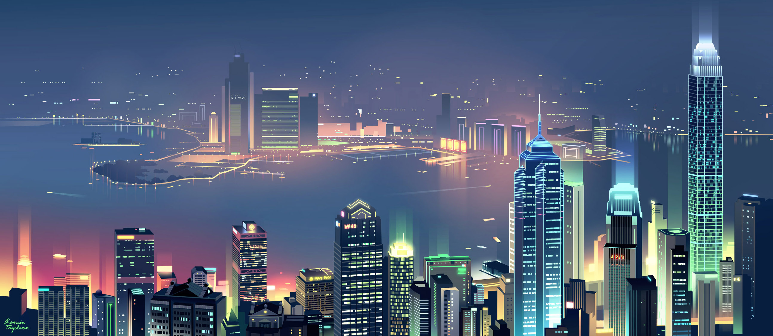 General 2587x1126 digital art cityscape city lights colorful skyline Hong Kong Romain Trystram