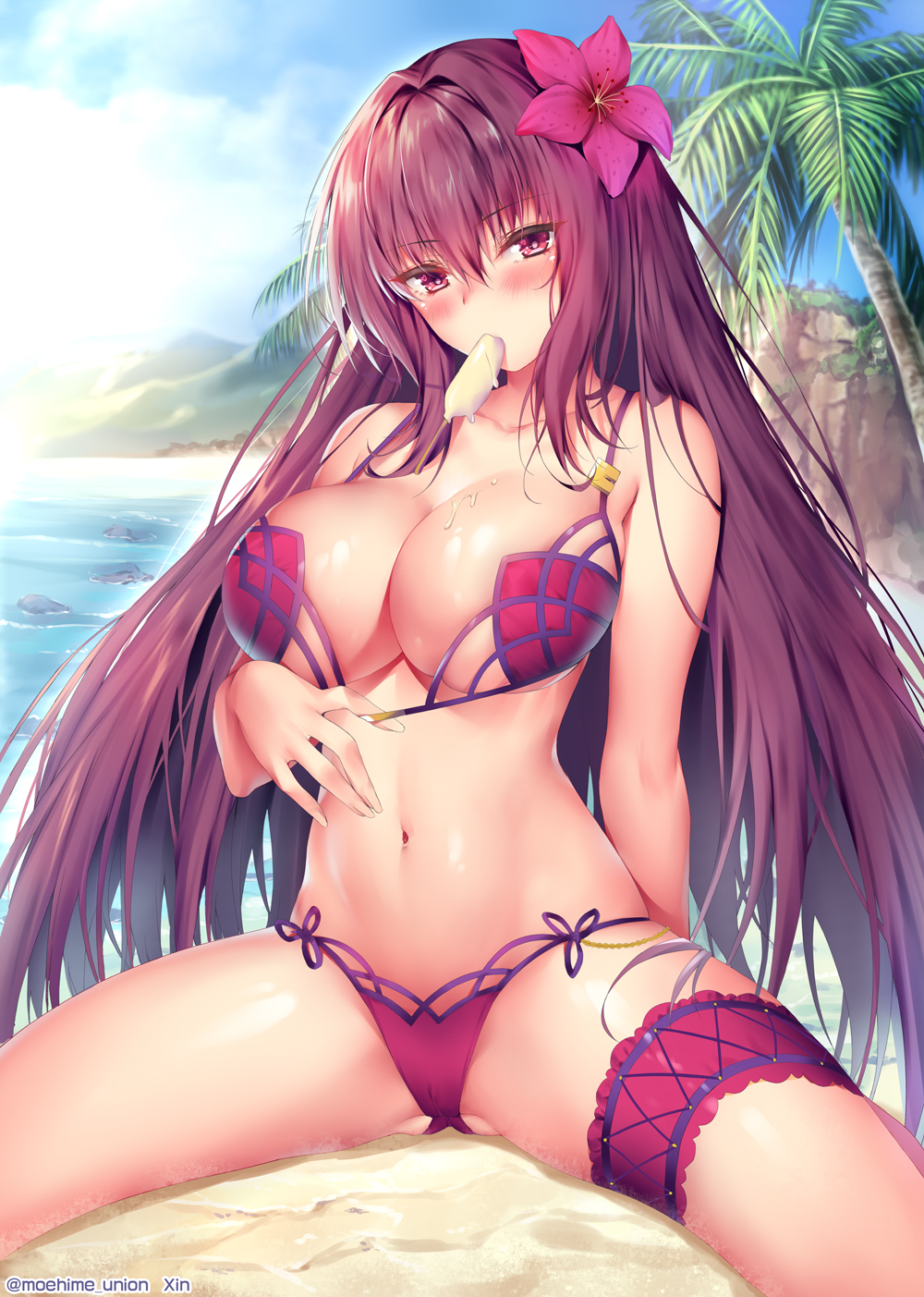 Anime 1000x1403 Fate/Grand Order Scathach anime girls spread legs big boobs boobs flower in hair long hair anime popsicle ice cream cleavage purple hair purple eyes beach Obiwan (artist) Fate series bikini cameltoe palm trees belly button looking at viewer belly
