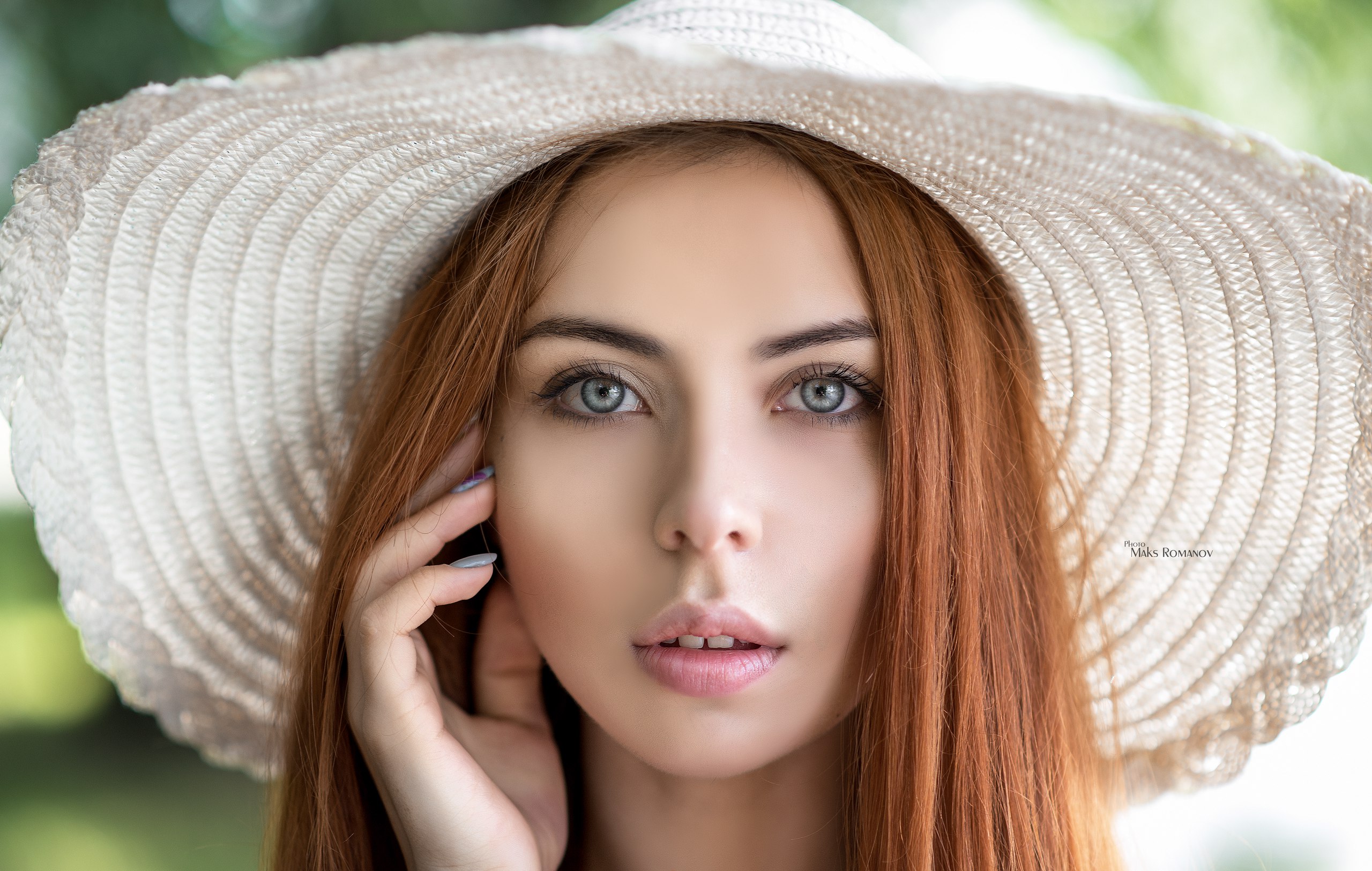 People 2560x1626 women hat redhead Maxim Romanov portrait white hat closeup watermarked women with hats long hair frontal view sensual gaze looking at viewer outdoors depth of field bokeh touching face painted nails grey nails juicy lips women outdoors