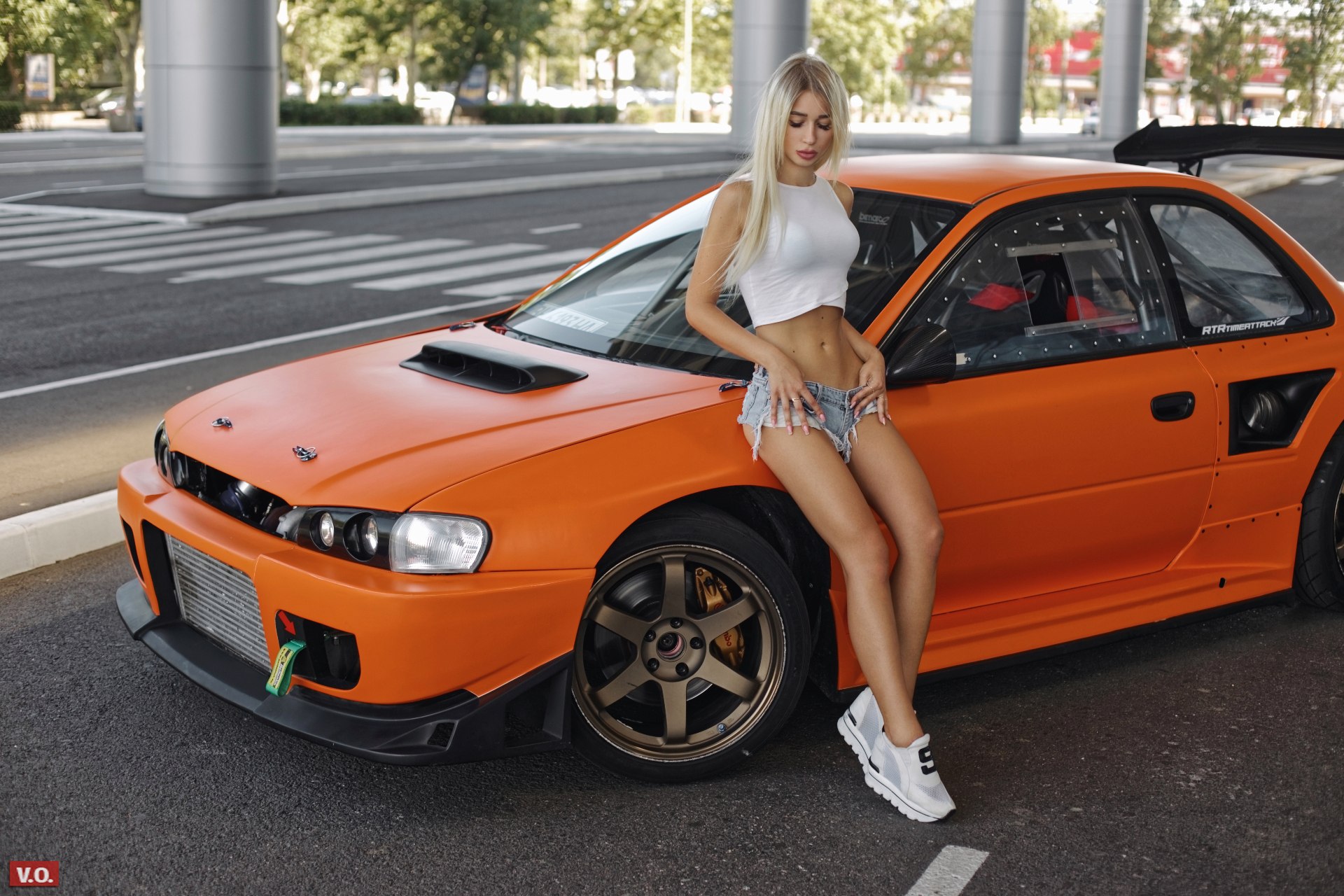 People 1920x1280 women blonde car tanned jean shorts sneakers belly closed eyes baby Subaru women with cars Japanese cars
