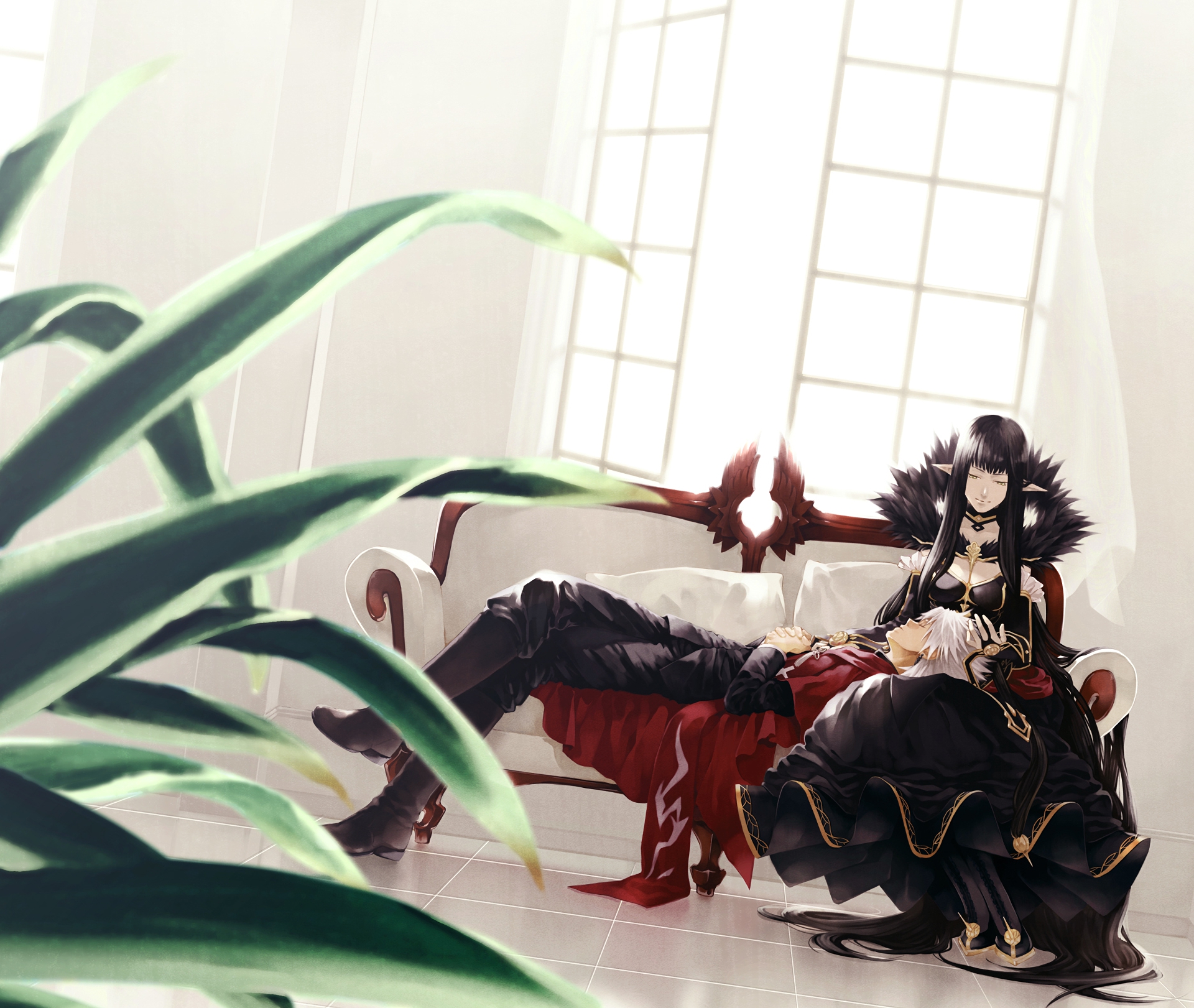 Anime 1920x1621 Fate/Apocrypha  Fate/Grand Order Fate series black dress couple big boobs no bra cleavage 2D black pants black boots anime girls anime boys bangs anime Shirou Kotomine Assassin of Red (Semiramis) (Fate/Apocrypha) yellow eyes fan art