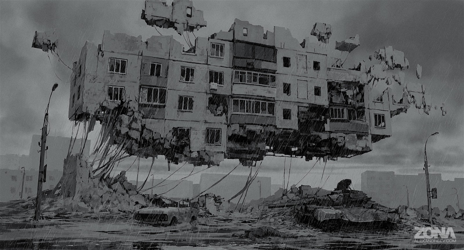 General 1600x865 Alexey Andreev artwork concept art surreal tank building ruins rain cats Moskvich