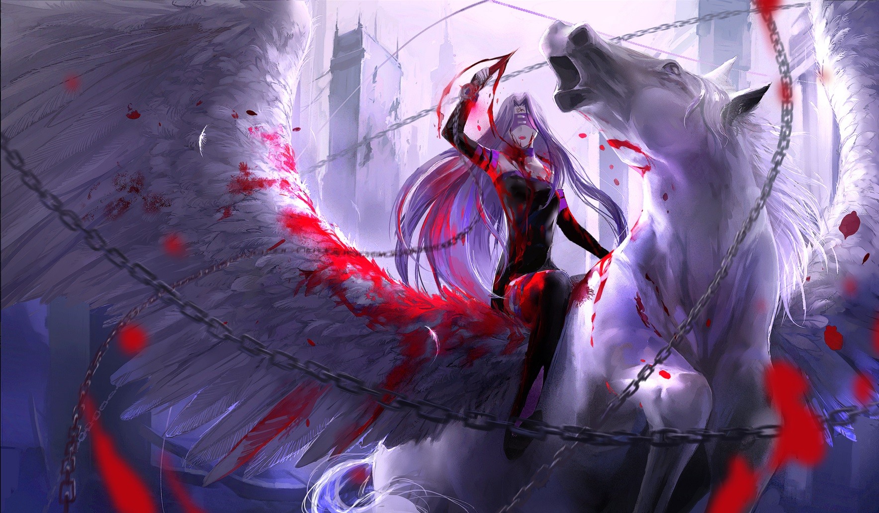 Anime 1768x1032 Fate/Stay Night anime girls Rider (Fate/Stay Night) blood Fate series horse blood stains blood spatter wings injured 2D long hair purple hair open mouth thighs curvy armpits anime fan art
