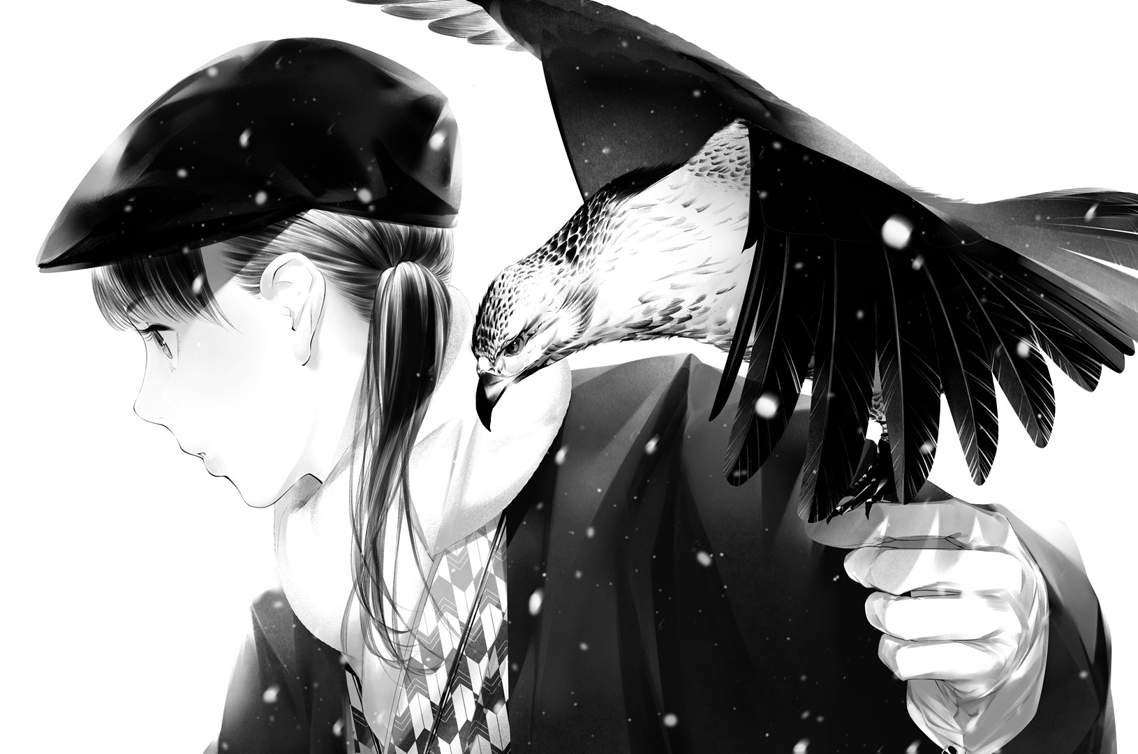Anime 1630x1080 Sawasawa hawks snow monochrome white hawk (animal) anime girls anime animals birds hat women with hats