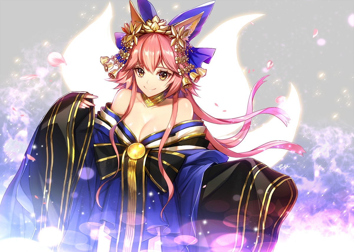 Anime 1200x854 Fate/Grand Order Fate/Extra Tamamo no Mae (fate/grand order) animal ears tail Japanese clothes petals bells cleavage fox girl anime girls