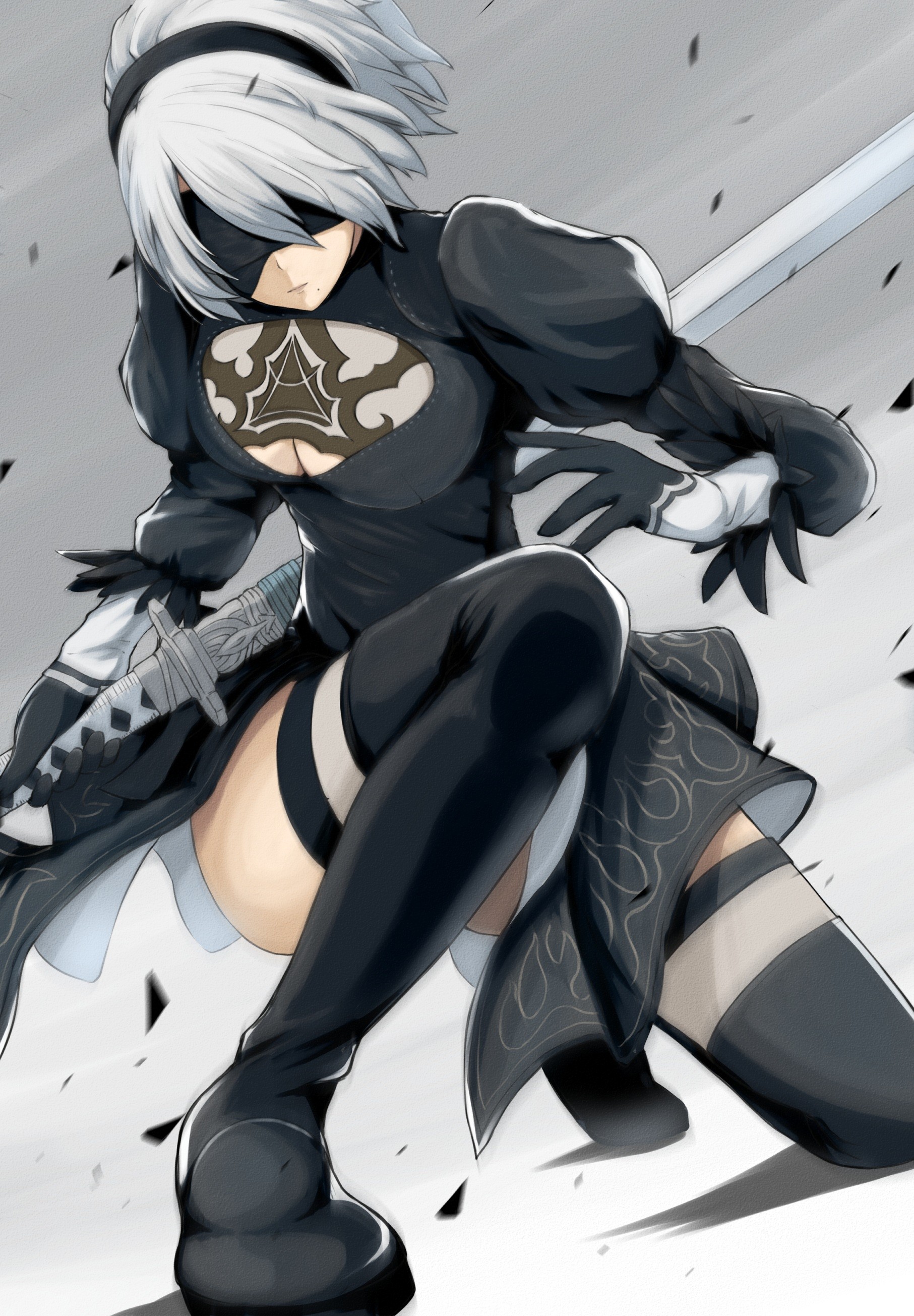 Anime 1813x2610 simple background white background cleavage black dress Nier: Automata Nier 2B (Nier: Automata) thigh-highs