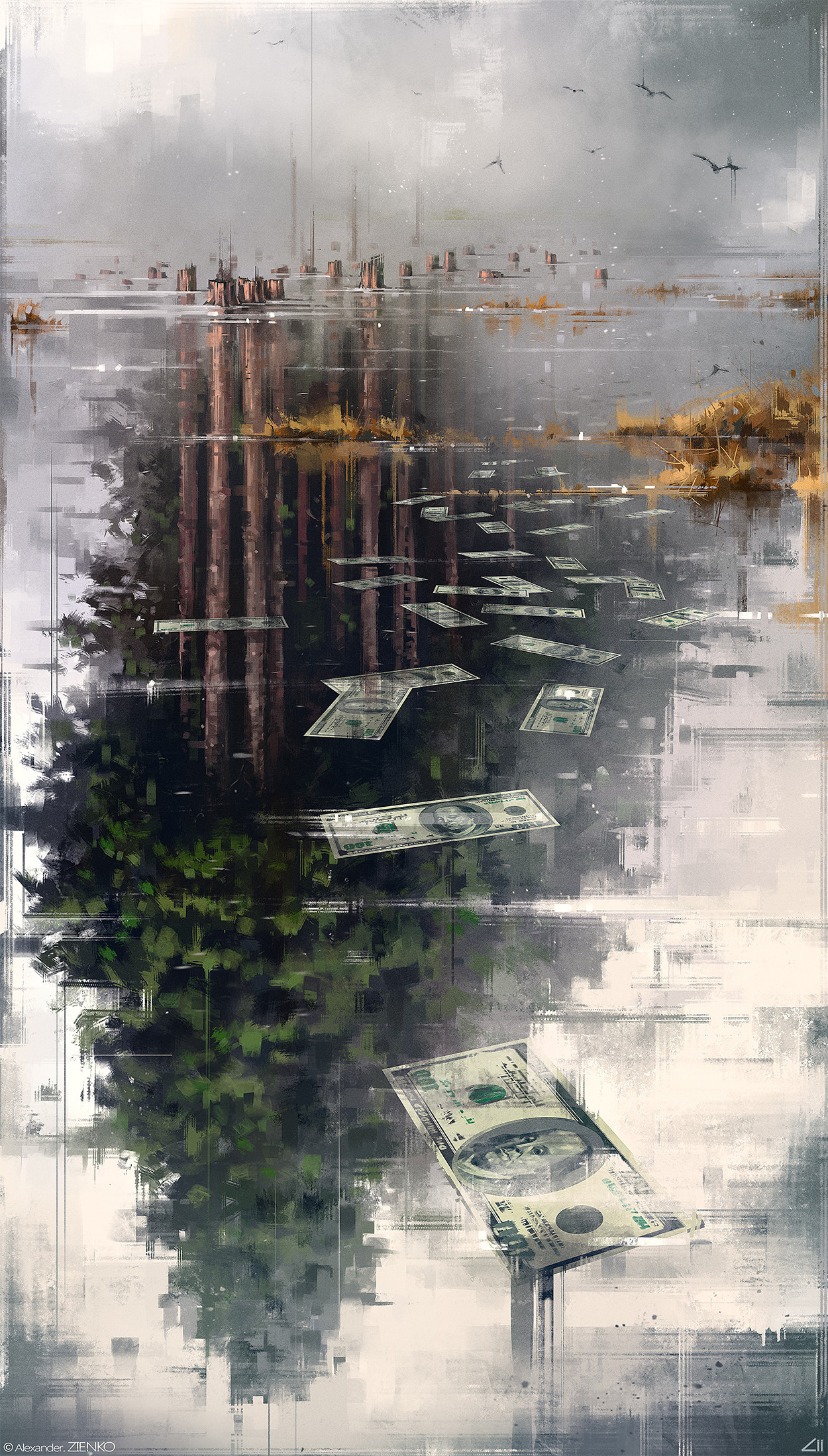 General 1250x2198 Alexander Zienko water dollars paper trees frozen lake mirror painting