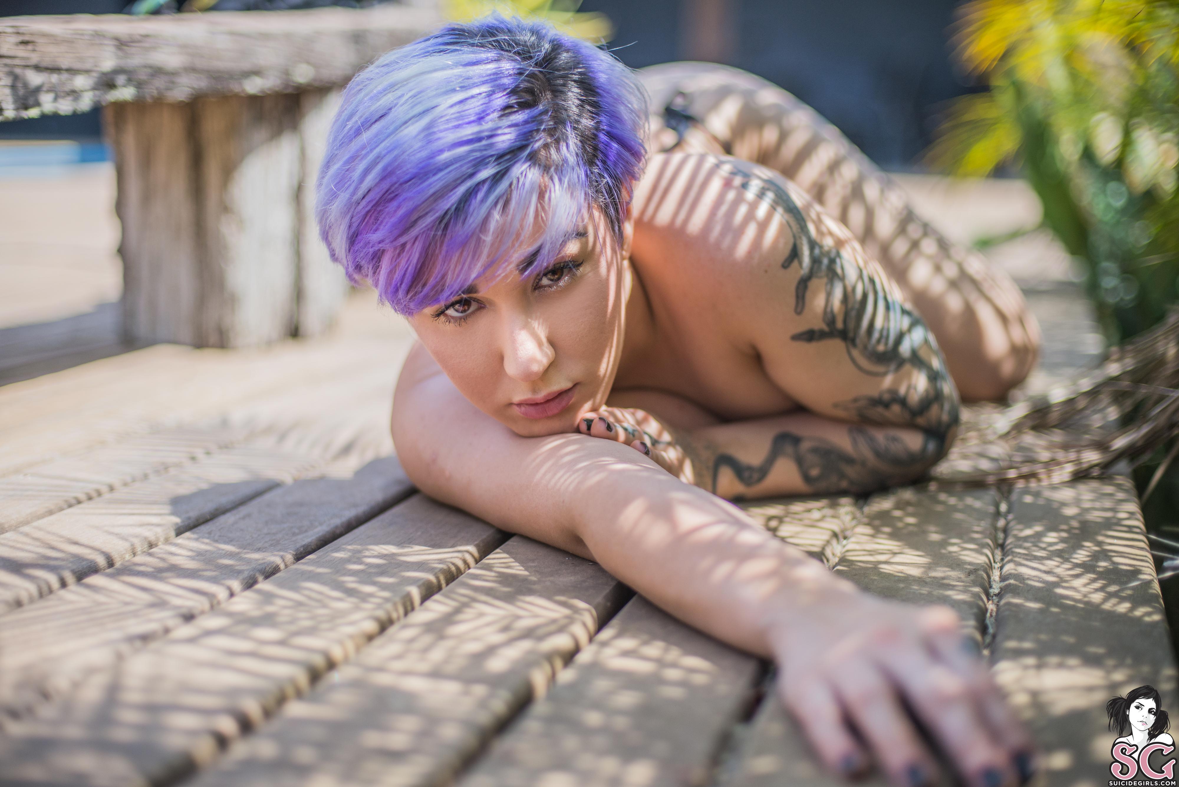 People 4000x2670 women garden tattoo Suicide Girls purple hair wood plants Izeasy Suicide pornstar dyed hair women outdoors outdoors looking at viewer inked girls