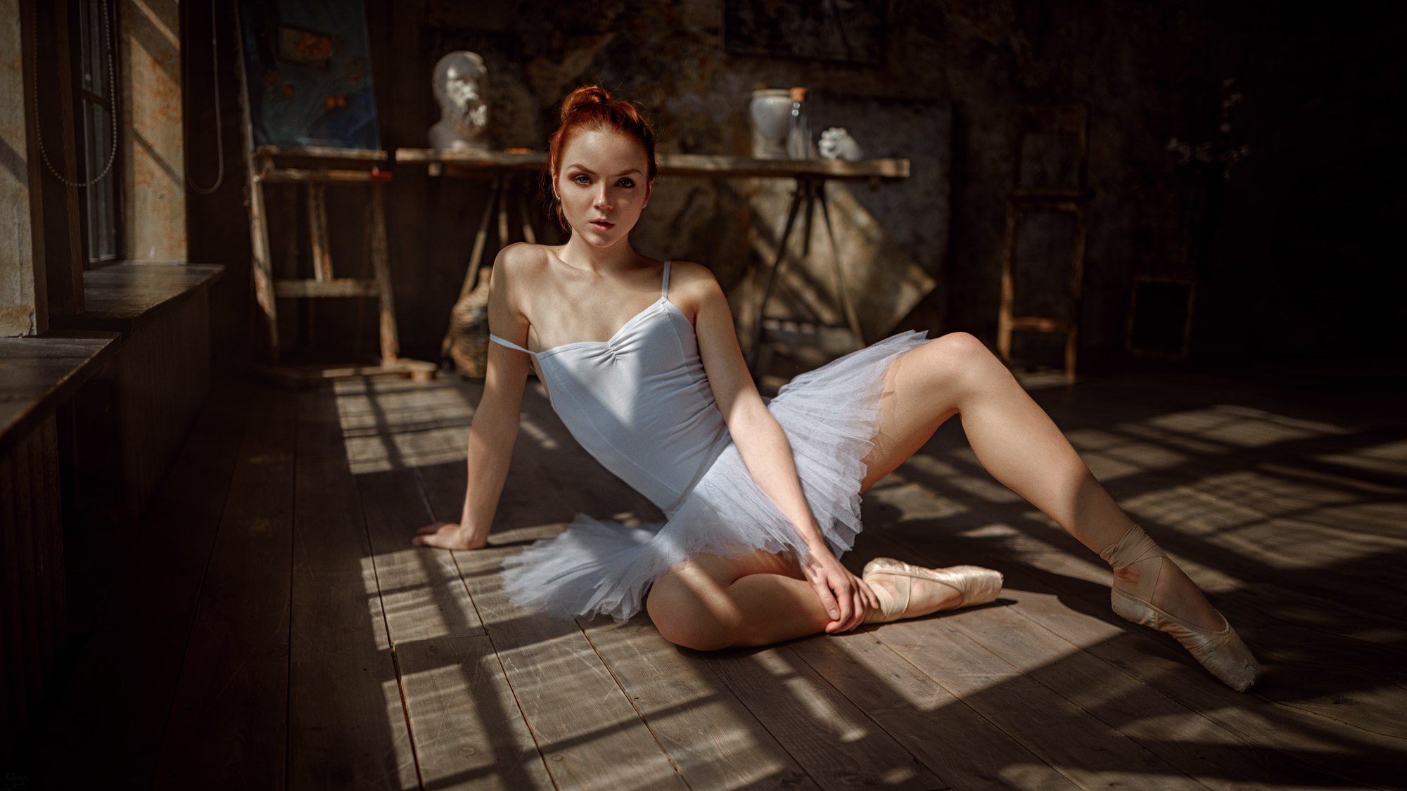 People 2000x1125 Georgy Chernyadyev women model ballerina on the floor redhead ballet slippers Ekaterina Sherzhukova pointed toes spread legs