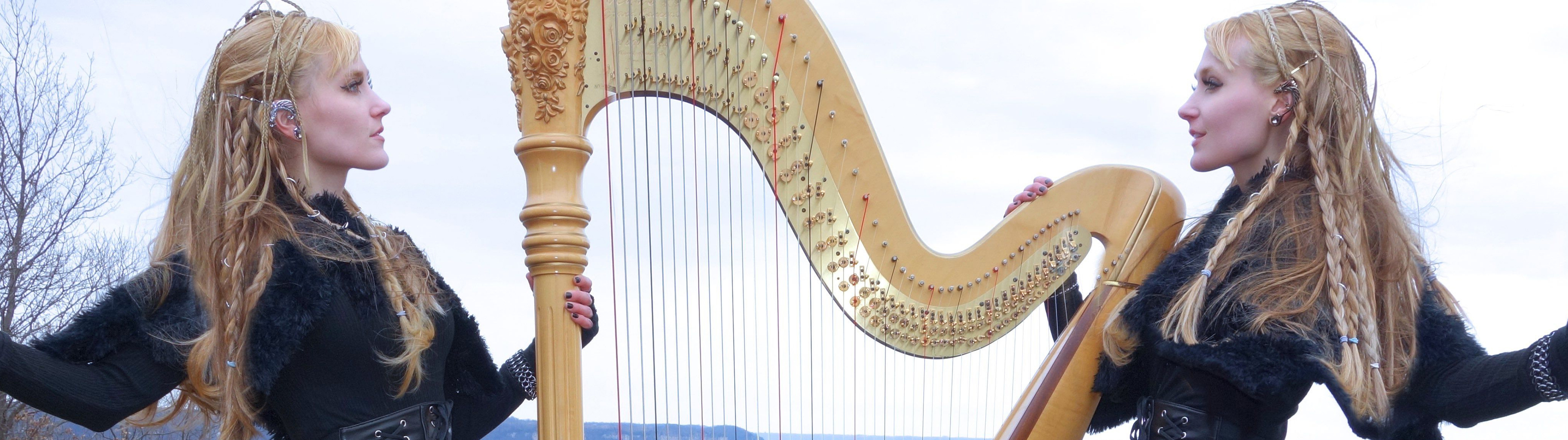 People 3840x1080 Harp Twins women musician twins blonde harp