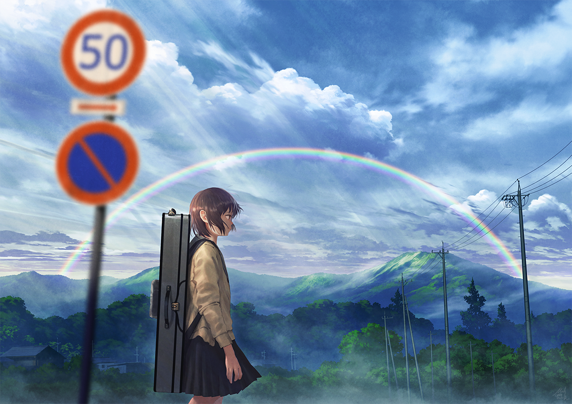 Anime 1920x1357 anime anime girls sign landscape numbers mountains outdoors sky moescape