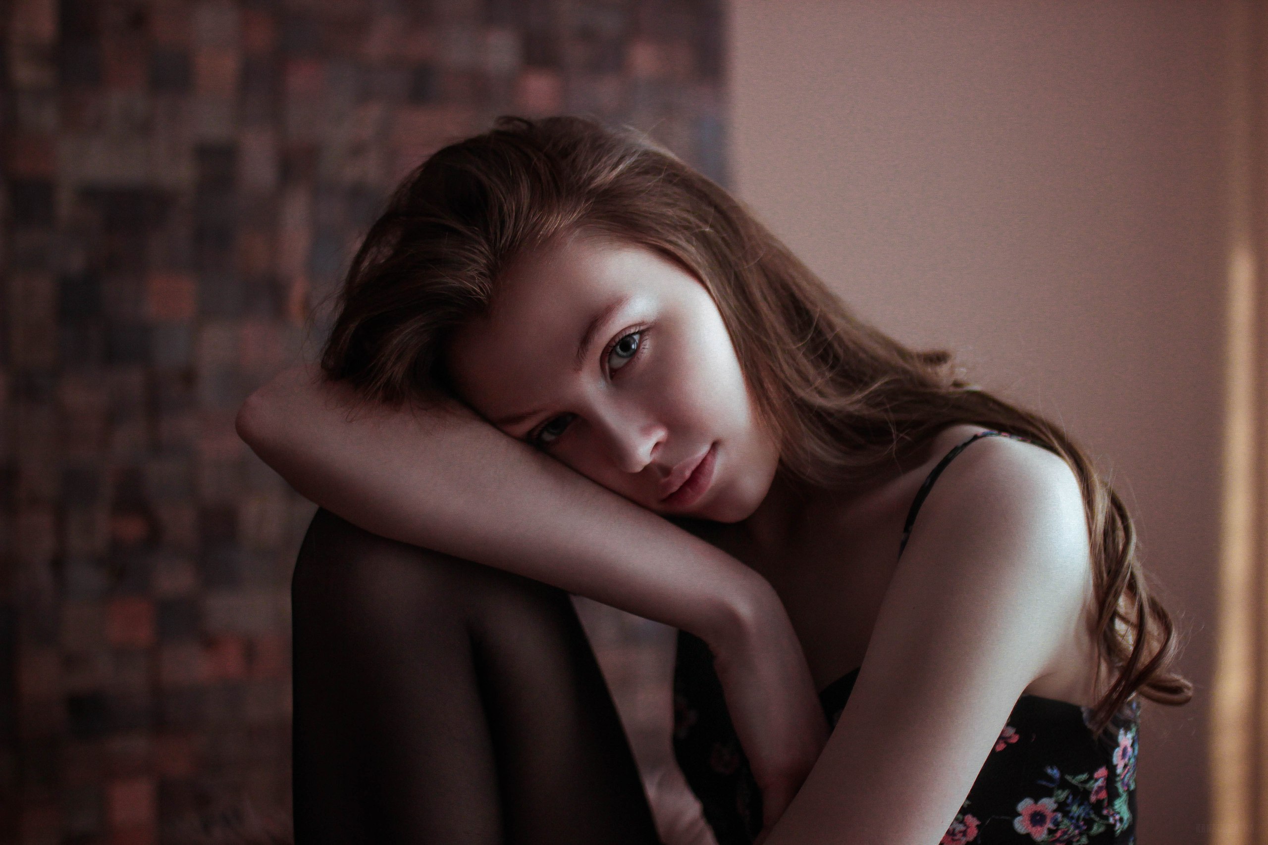 People 2560x1707 women model face brunette long hair portrait Olga Kanaykina Tatyana Ledneva closeup low light