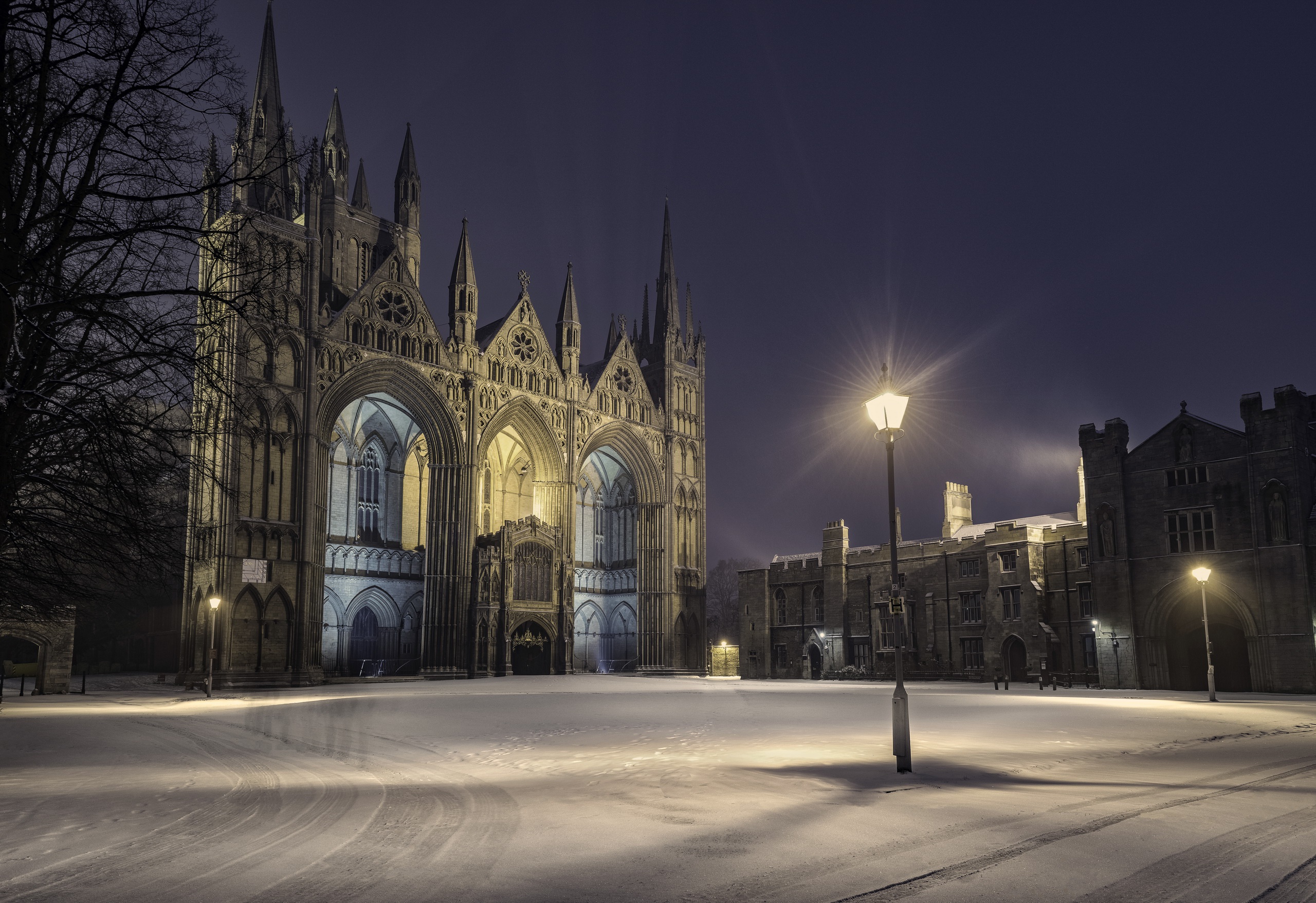 General 2560x1756 night snow lantern England winter Peterborough Cathedral