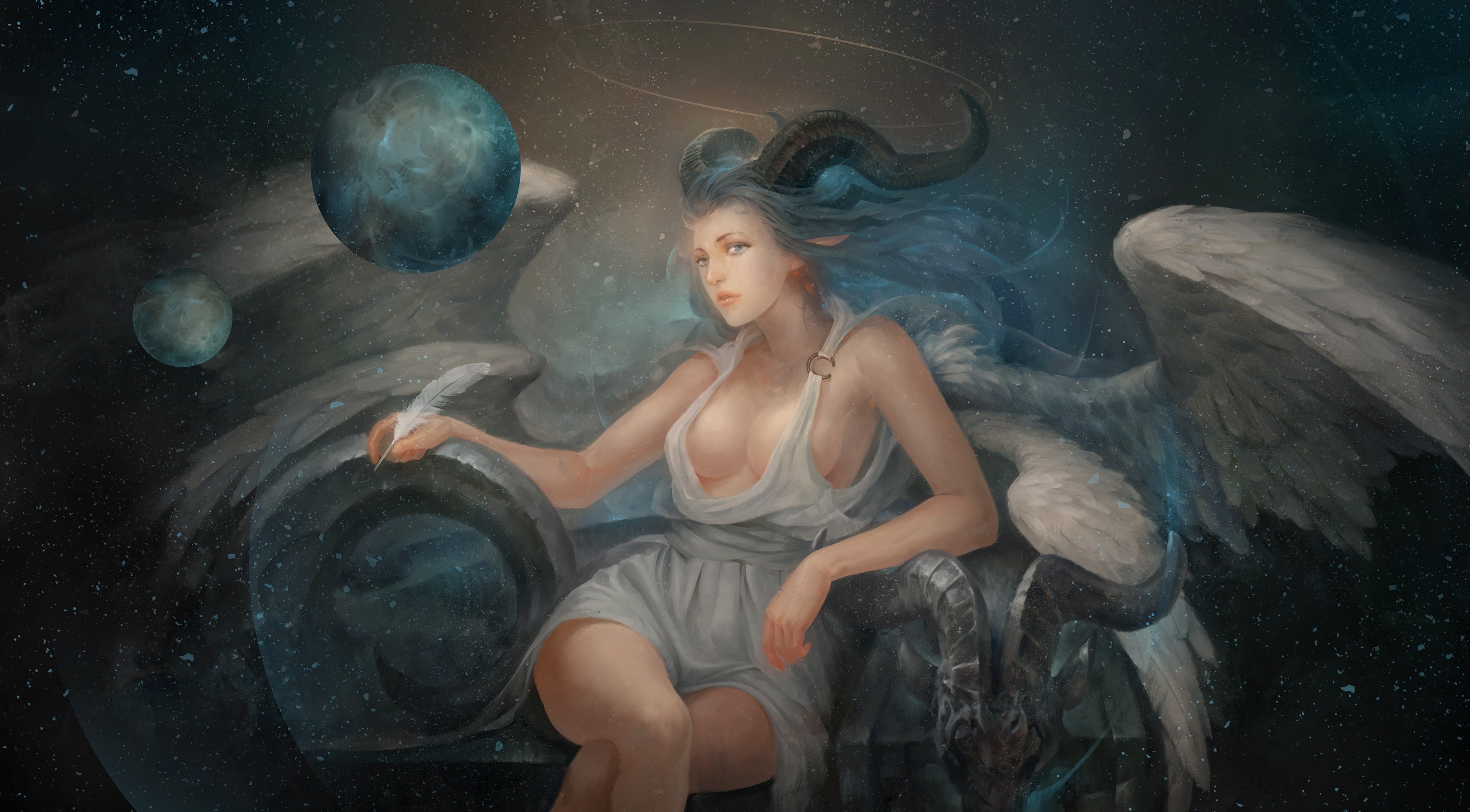 General 2998x1656 fantasy girl fantasy art artwork women boobs legs crossed horns long hair