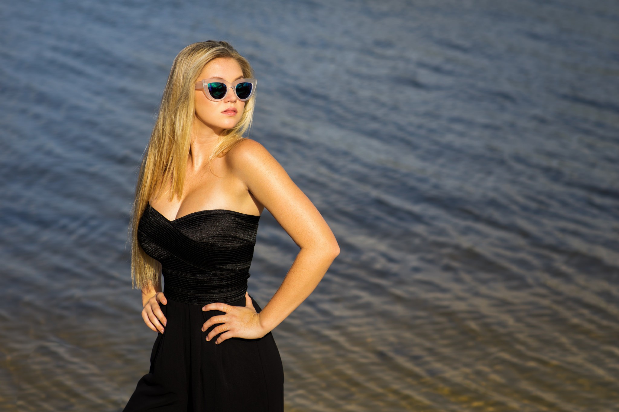 People 2048x1362 women outdoors water women with glasses long hair bare shoulders dress black dress cleavage hands on hips blonde looking away Ri Hane Christopher Rankin women with shades sunglasses black clothing model women