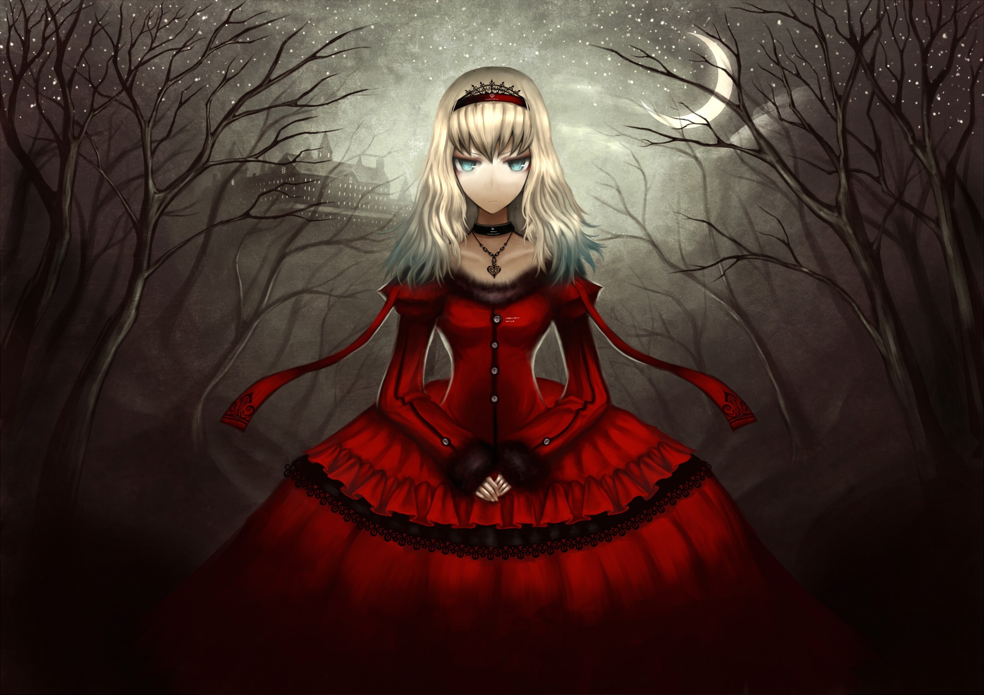 Anime 2000x1413 anime anime girls Alice in Wonderland long hair gray hair blue eyes Moon night forest fantasy girl frontal view centered crescent moon gown women fantasy art Pixiv red clothing