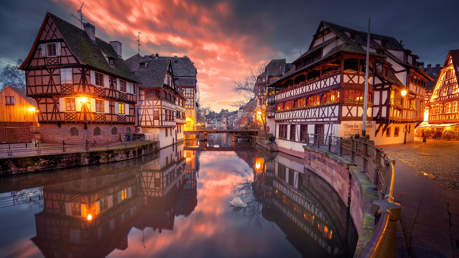 General 1920x1080 architecture building city cityscape Strasbourg France old building house lights sunset clouds evening reflection river street bridge