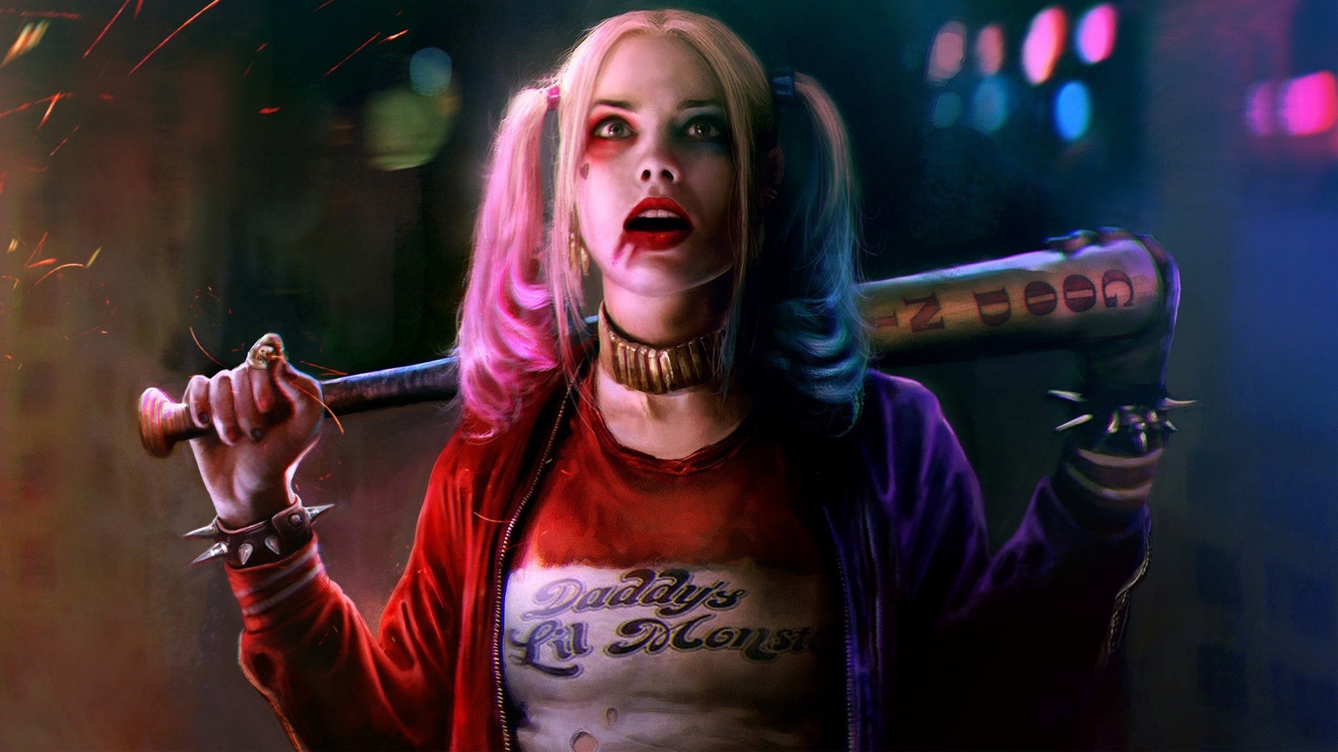 General 1920x1080 artwork women open mouth looking up printed shirts Harley Quinn DC Comics