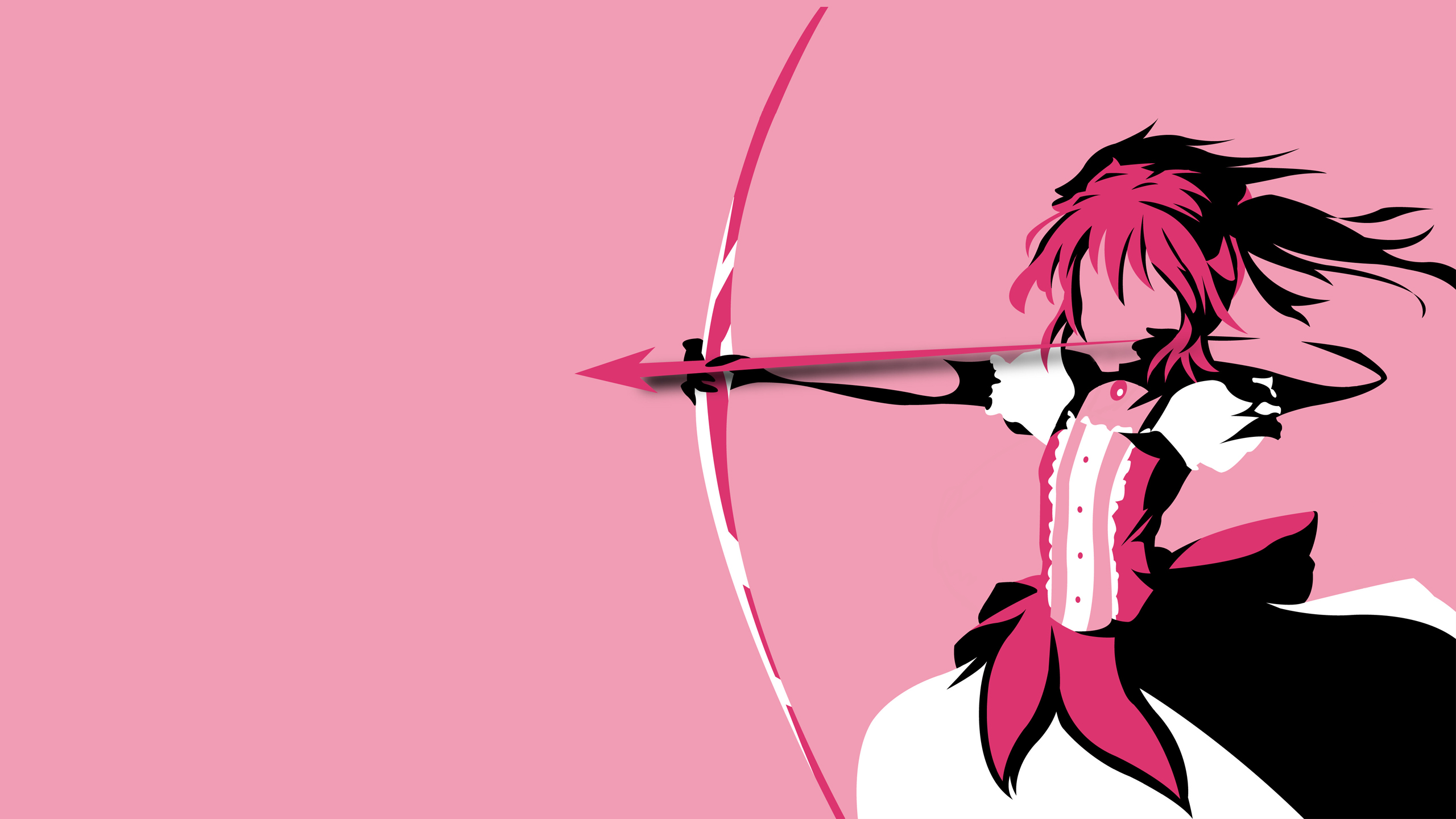 Anime 2560x1440 anime anime girls Mahou Shoujo Madoka Magica pink background simple background bow and arrow aiming girls with guns