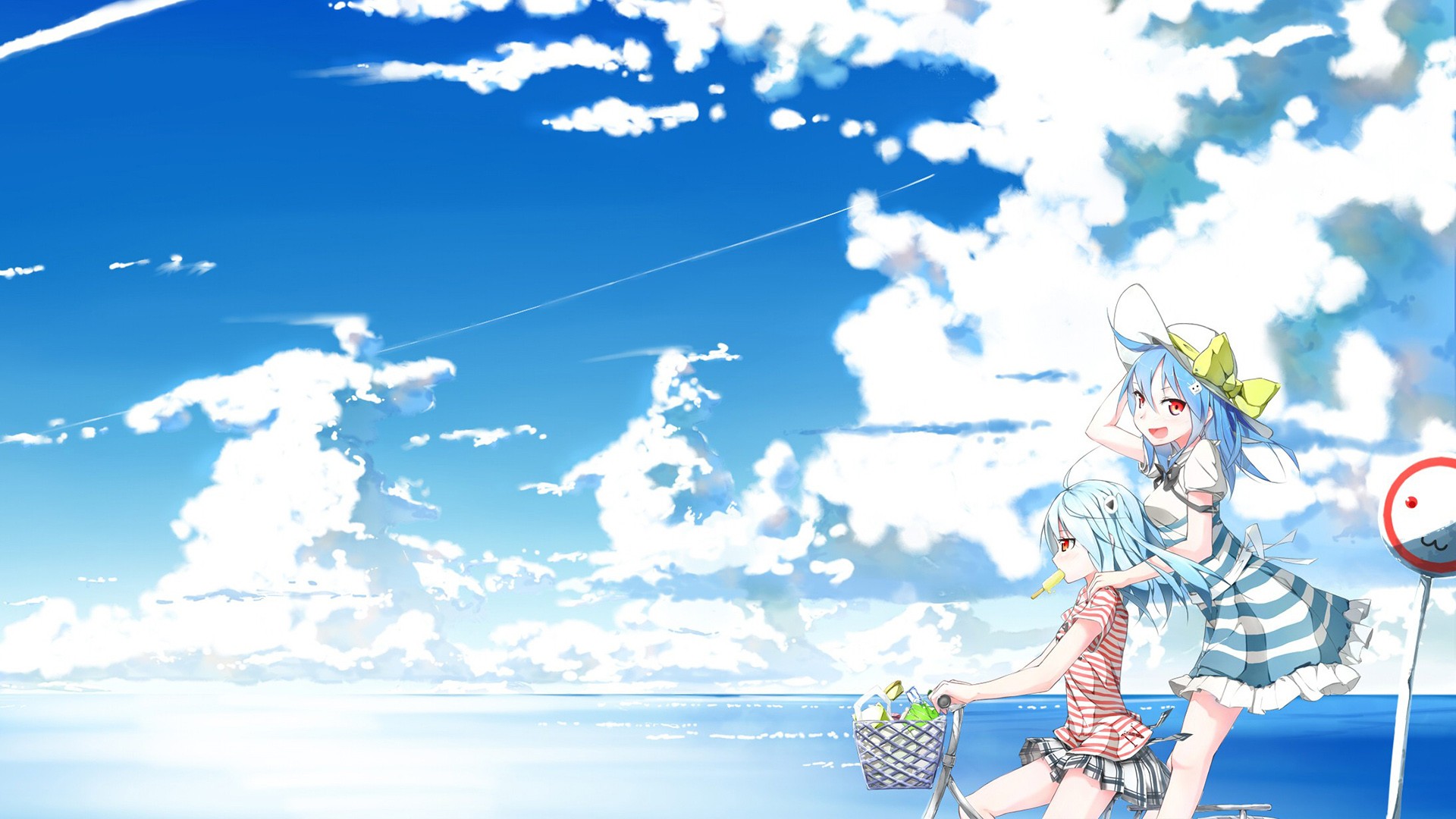 Anime 1920x1080 clouds blue hair popsicle anime girls anime hat outdoors sky two women bicycle food sweets women with hats dress red eyes