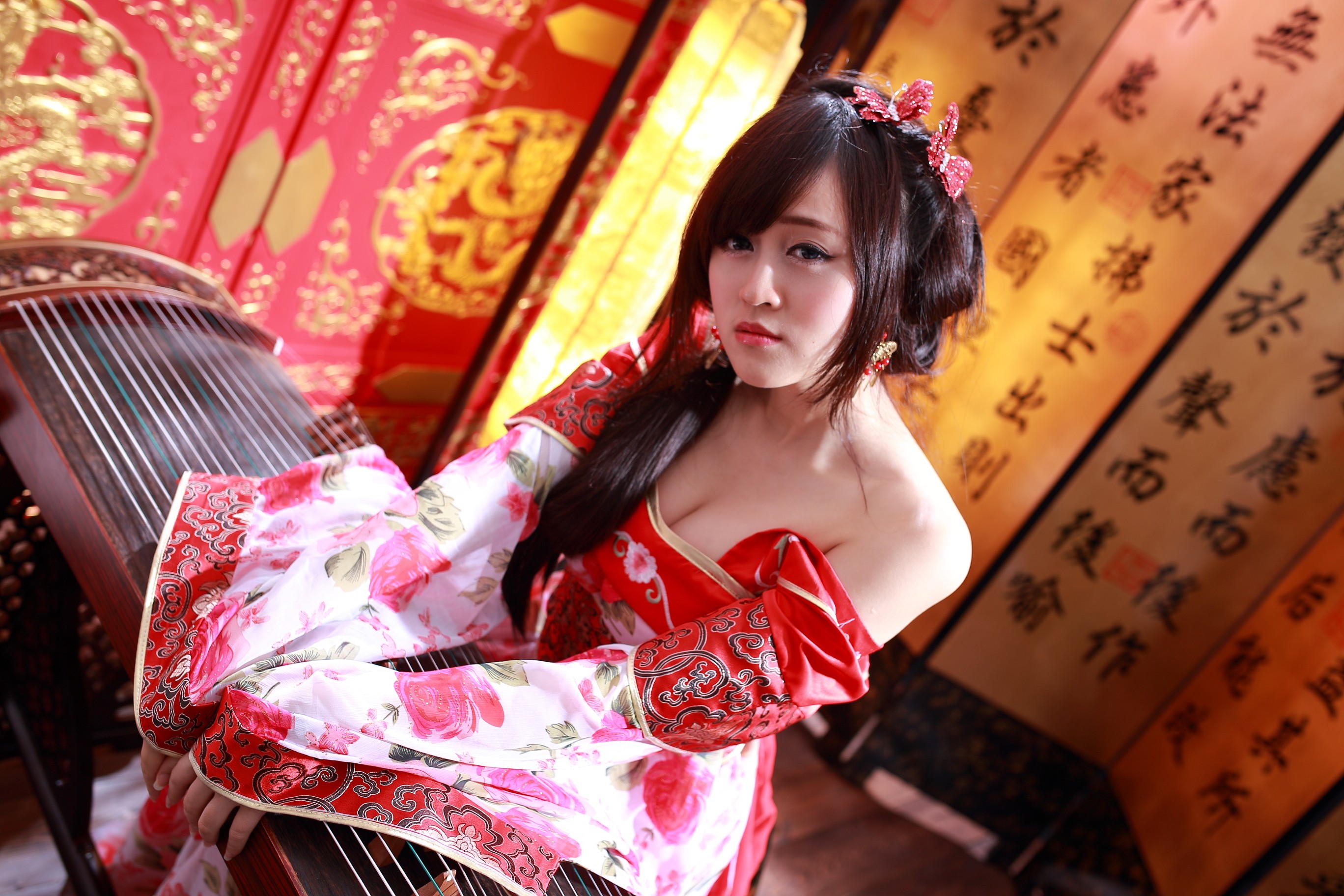 People 2736x1824 women brunette hair ornament red lipstick traditional clothing cleavage flower dress bare shoulders dress musical instrument long hair looking at viewer women indoors model Asian