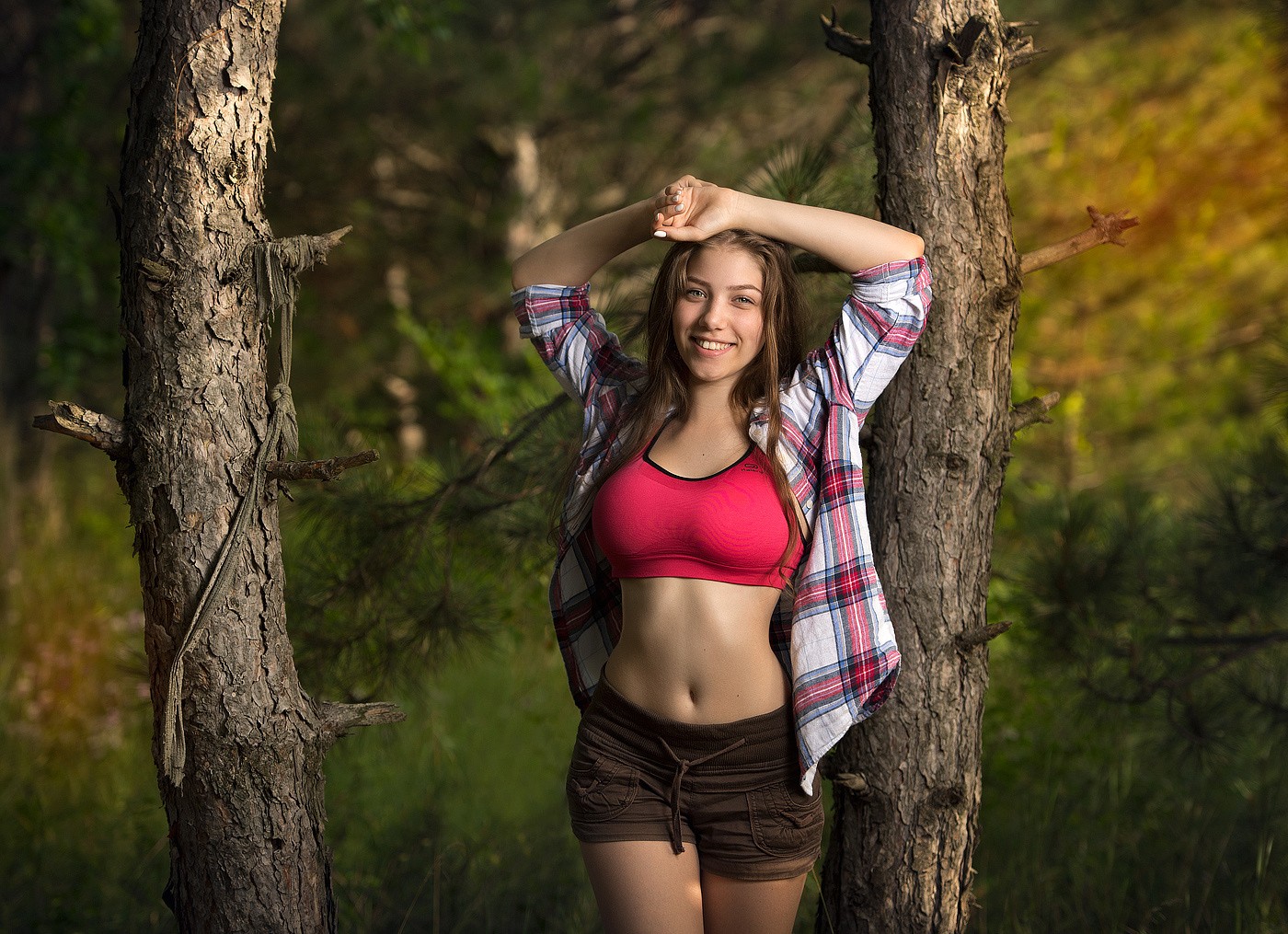 People 1400x1015 women arms up trees shorts shirt open shirt smiling sports bra Marina happy plaid shirt outdoors model women outdoors belly plaid clothing looking at viewer pants brunette long hair boobs standing