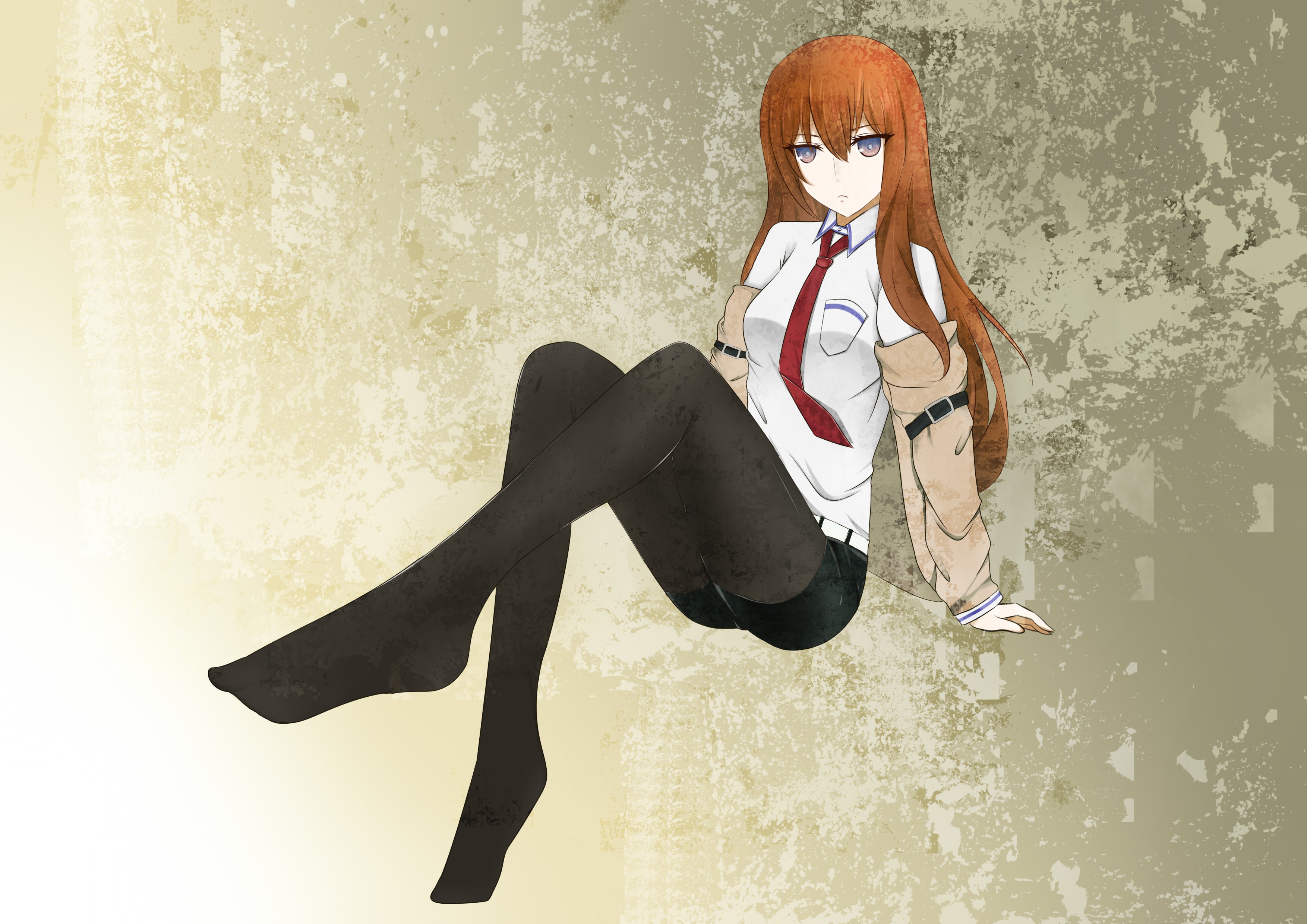 Anime 3507x2480 anime anime girls Steins;Gate Makise Kurisu redhead legs long hair Pixiv tie looking at viewer women