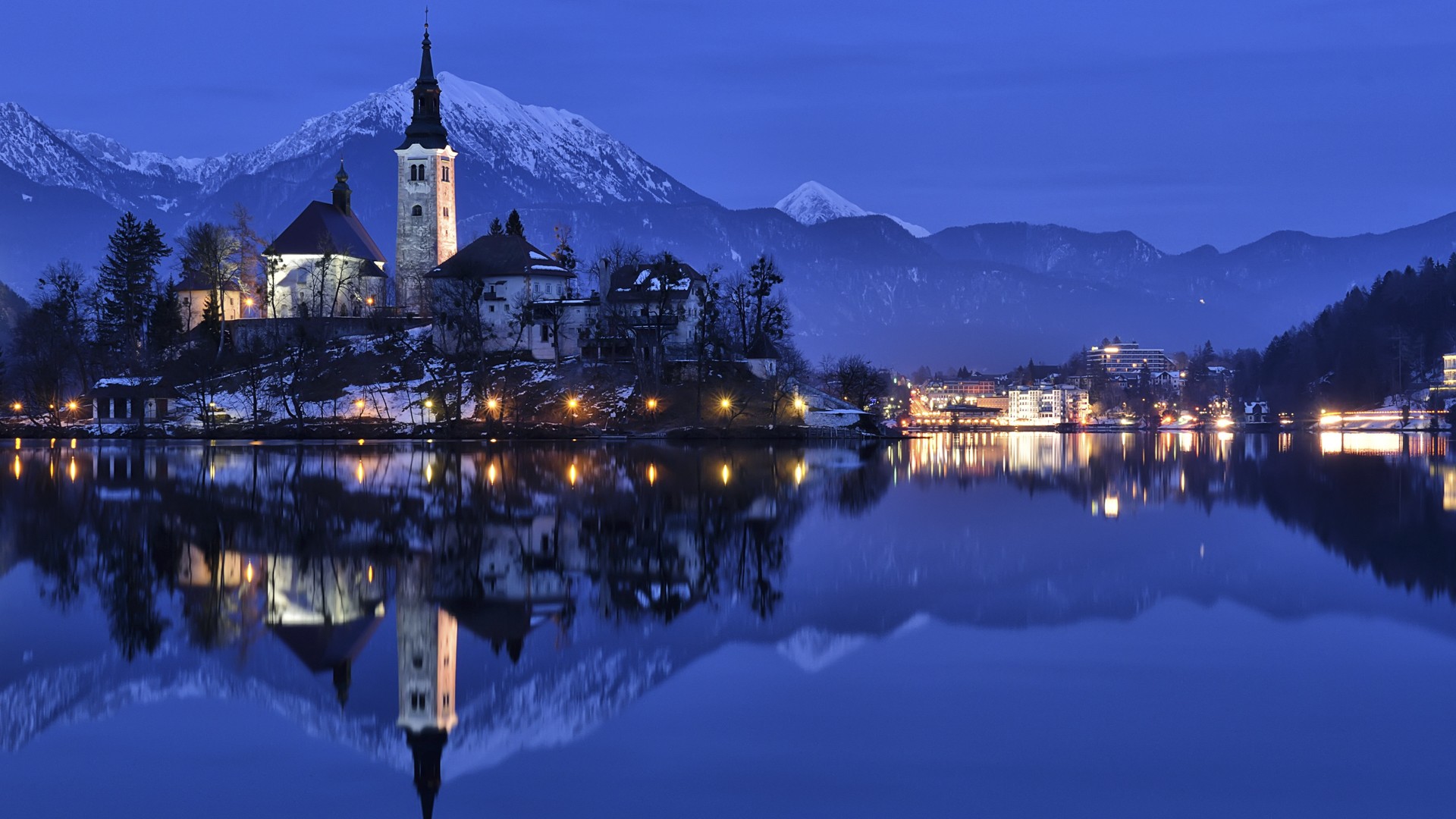 General 1920x1080 landscape Lake Bled reflection mountains city lights calm waters calm blue tower church winter city Slovenia island lake