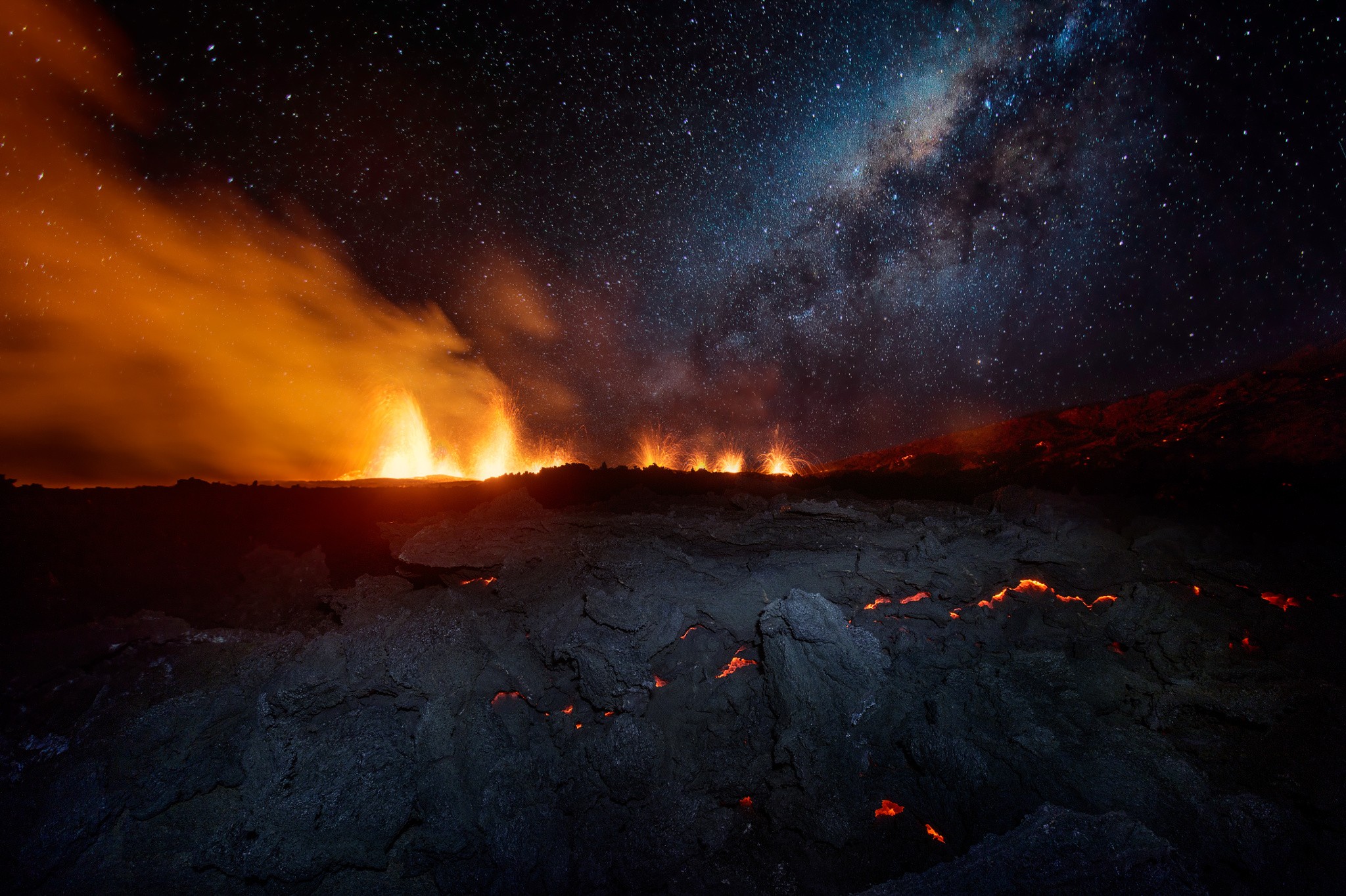 General 2048x1365 landscape volcano eruption sky lava island smoke night rocks fire stars