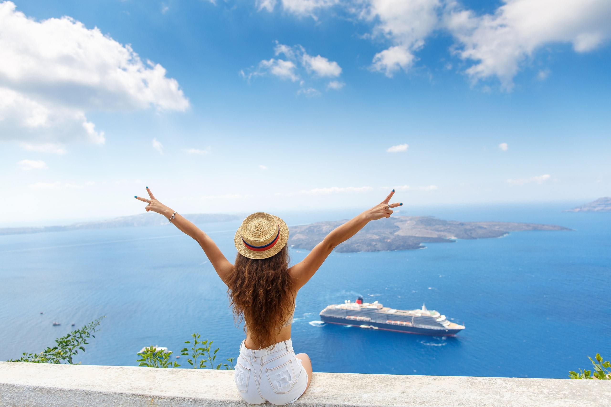People 2560x1707 women sitting jean shorts arms up sea back hat sky clouds bikini top island painted nails depth of field ass cruise ship